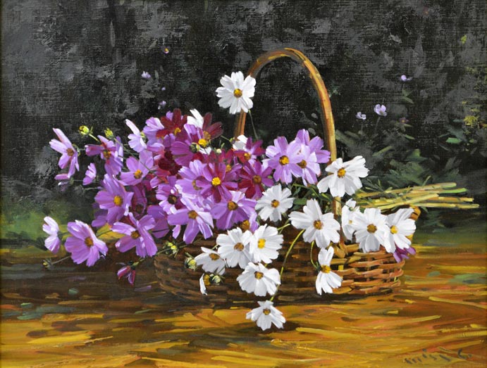 三栖右嗣「コスモス」油絵・P10号 絵画買取・販売の小竹美術