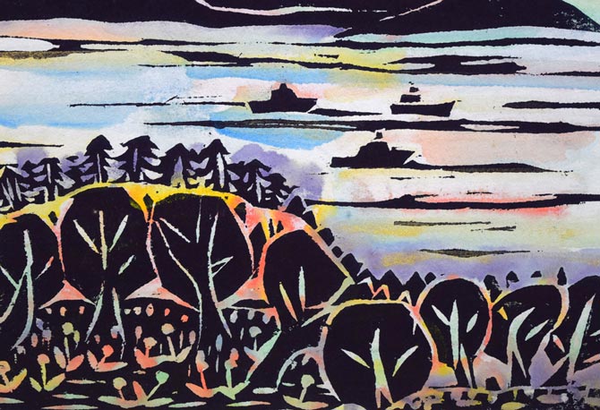 成田泰明「海の向に見える高いお山」木版画に裏彩色 絵画買取・販売の