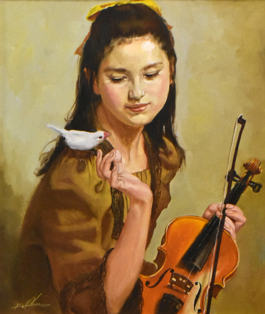 奥龍之介「小鳥と少女」油絵・F8号 絵画買取・販売の小竹美術