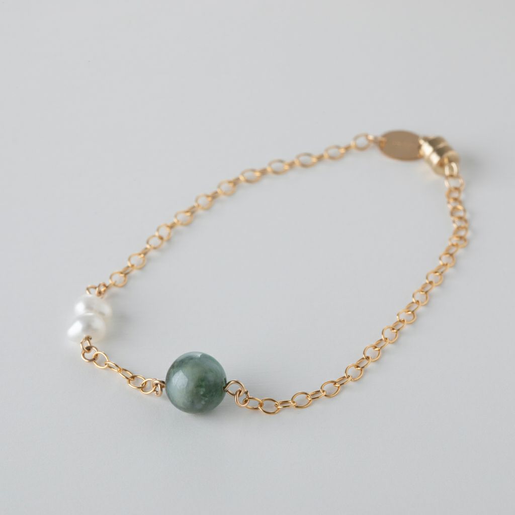 16cmサイズ・K14チェーン・淡水パール】（高品質濃緑色ヒスイ）糸魚川