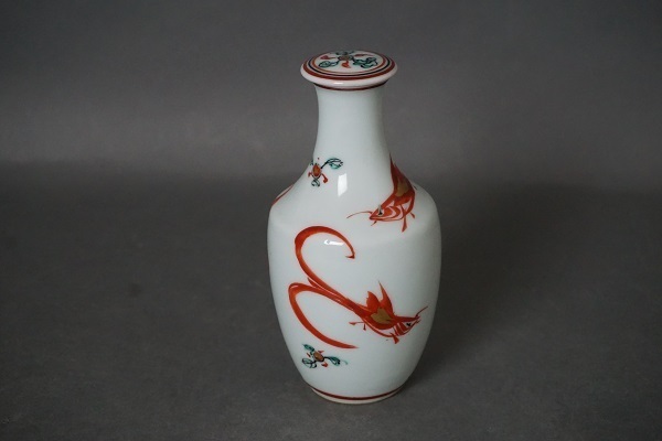 眞葛香山（宮川香山 真葛香山）2代 赤絵魚文 酒器揃】 香斎極箱（徳利