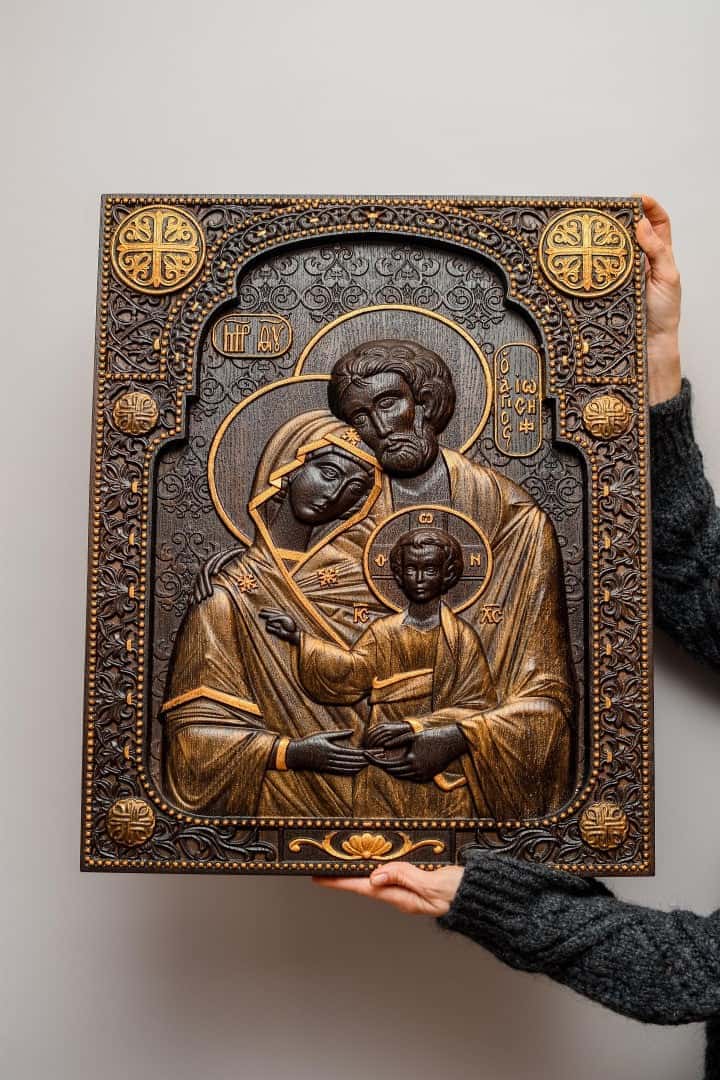 Holy Family Wooden Carved Byzantine Image | Kozak Work Shop