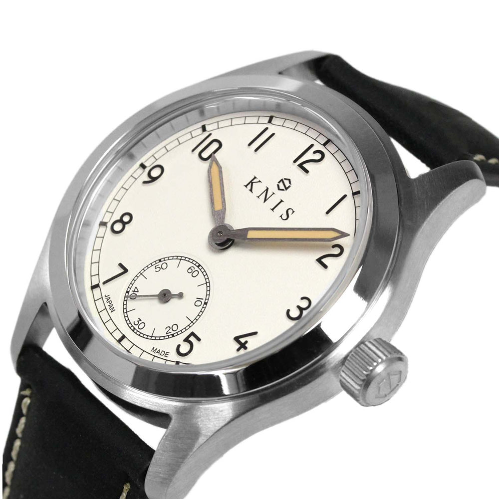 KNIS レトロミリタリーウォッチ オフホワイトダイヤル ブラックレザー