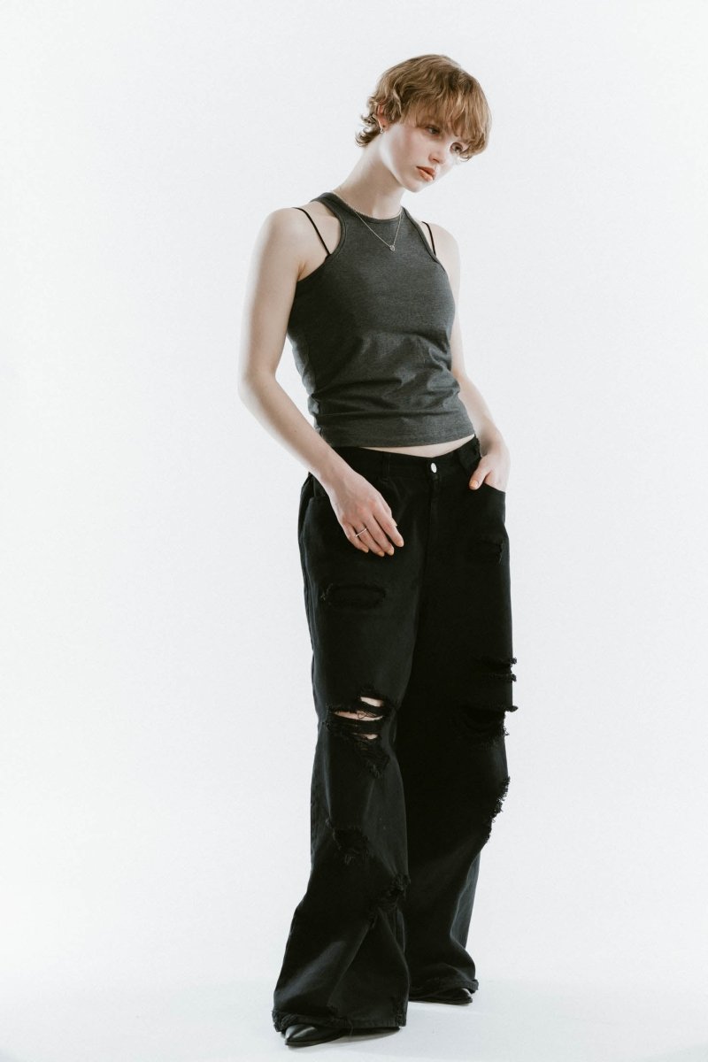 damage denim pants(unisex)/blackblack | KNUTH MARF