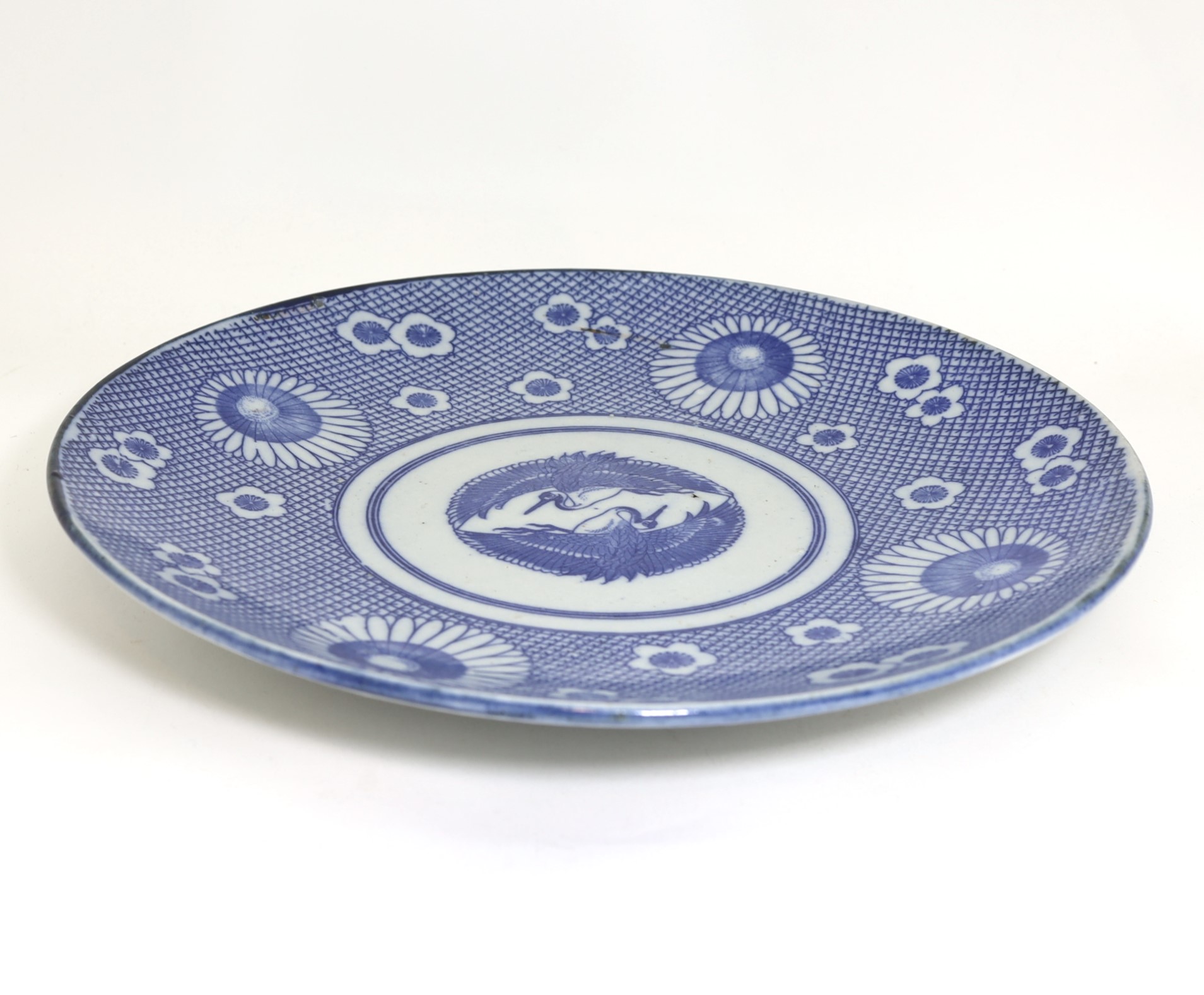 大正 染付8寸平皿 花鶴/24cm Plate/Flower & crane/1910~20's/japan