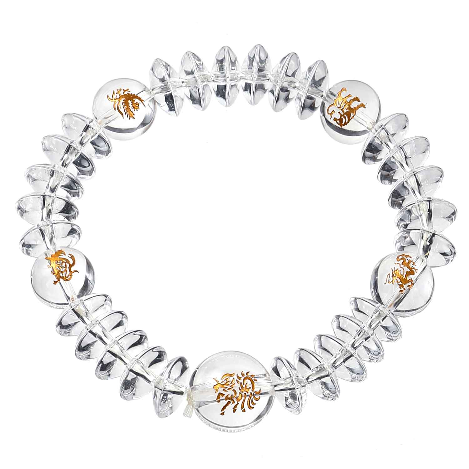 麒麟+四神 念珠ブレスレット 本水晶 金彫り 金 ゴールド 木箱付