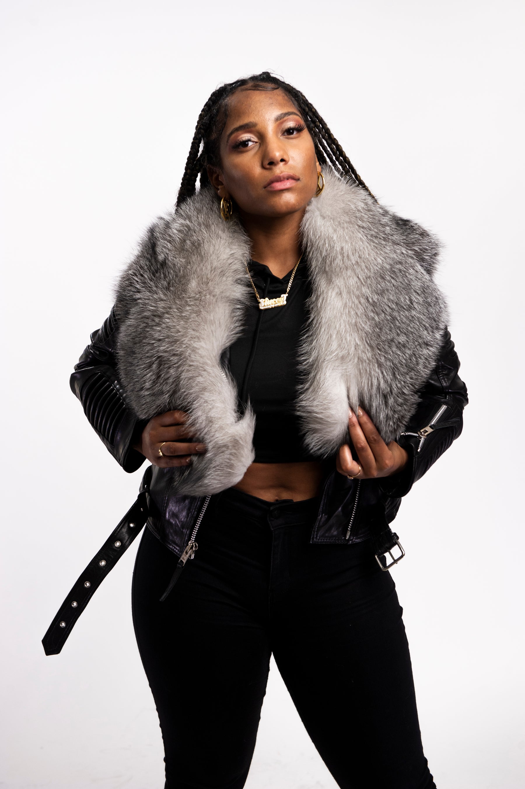 Women's Trey Biker Black Oversized Fox Collar [Silver Fox Fur