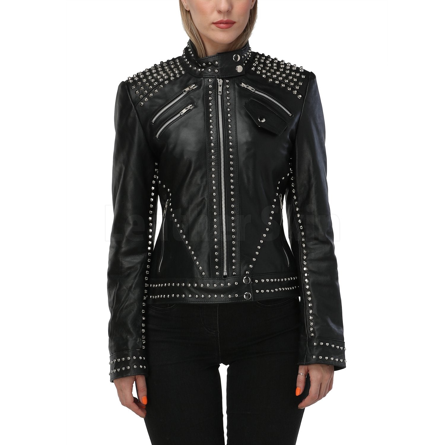 Cary Black Studded Leather Jacket - Leather Skin Shop