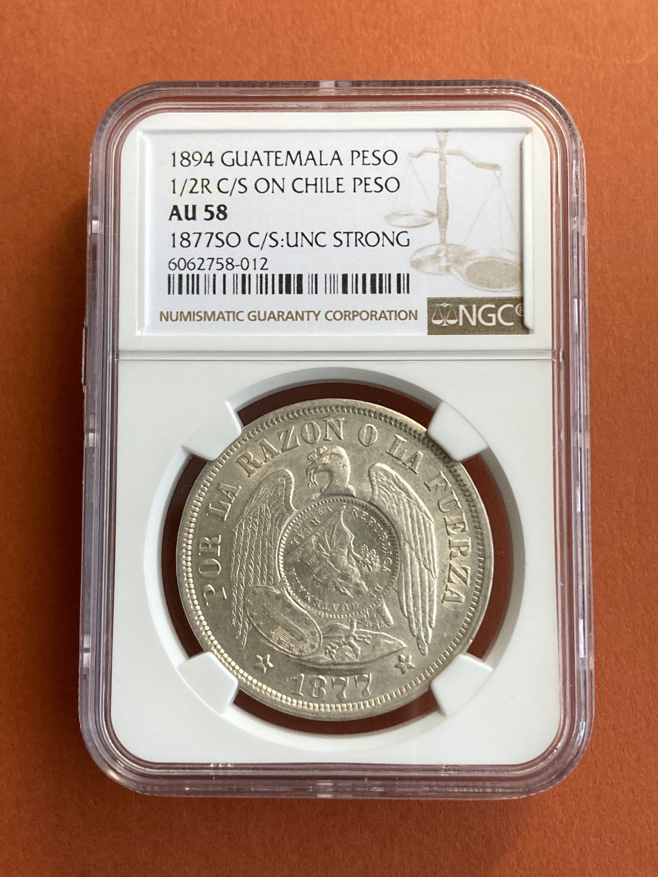 中南米銀貨】1894年 グアテマラ ペソ 1/2R 大型銀貨 NGC AU58 古銭