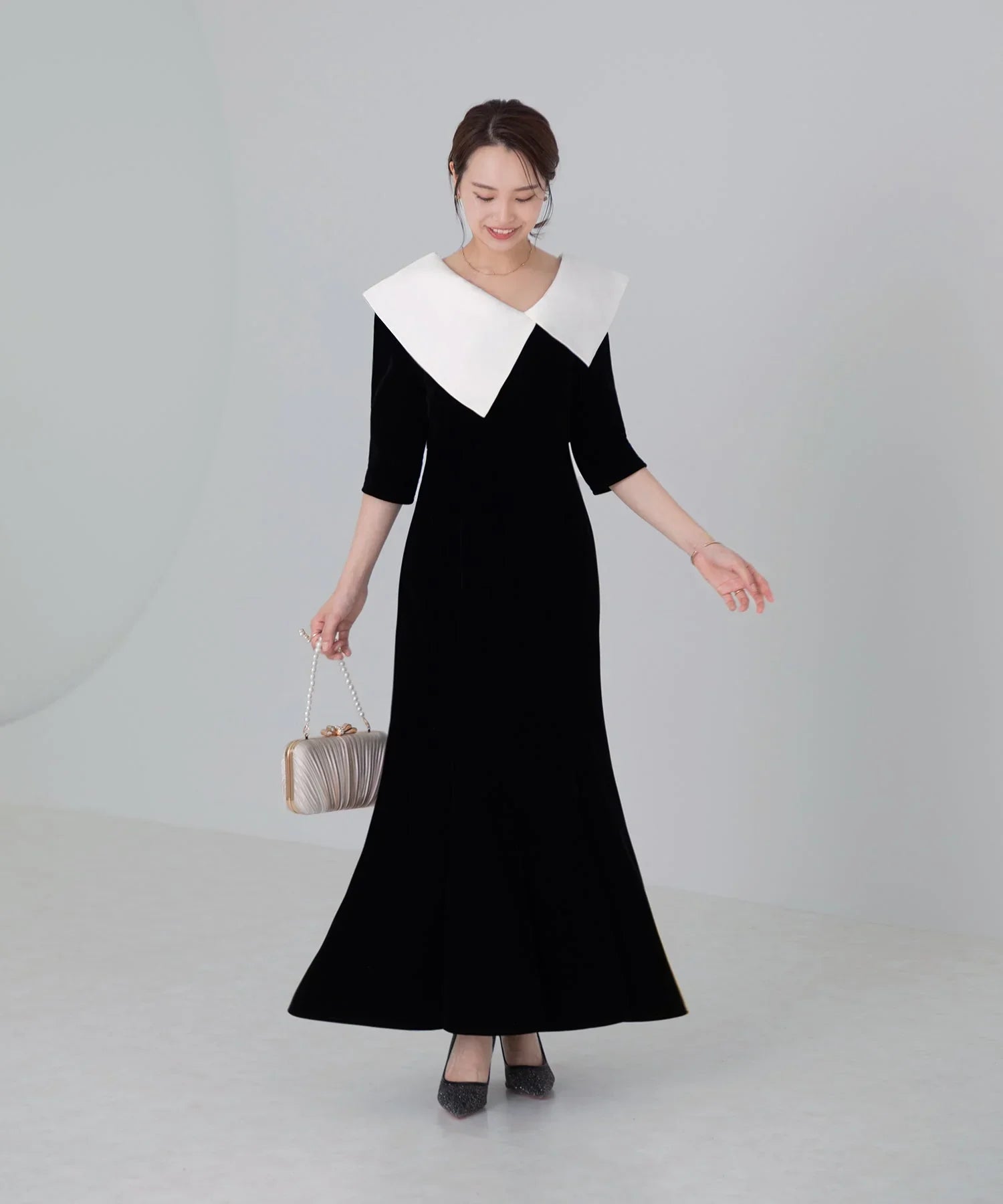 当日発送】アシンメトリービッグカラーベロアマーメイドドレス