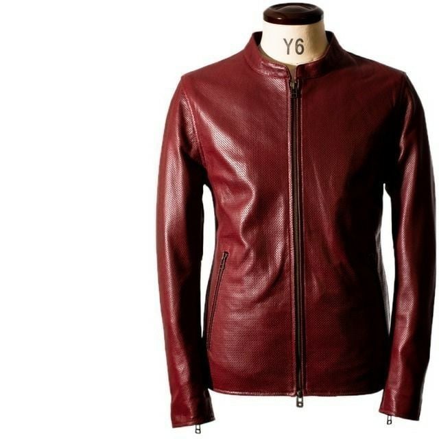 LIUGOO 本革 メッシュレザー シングルライダースジャケット メンズ