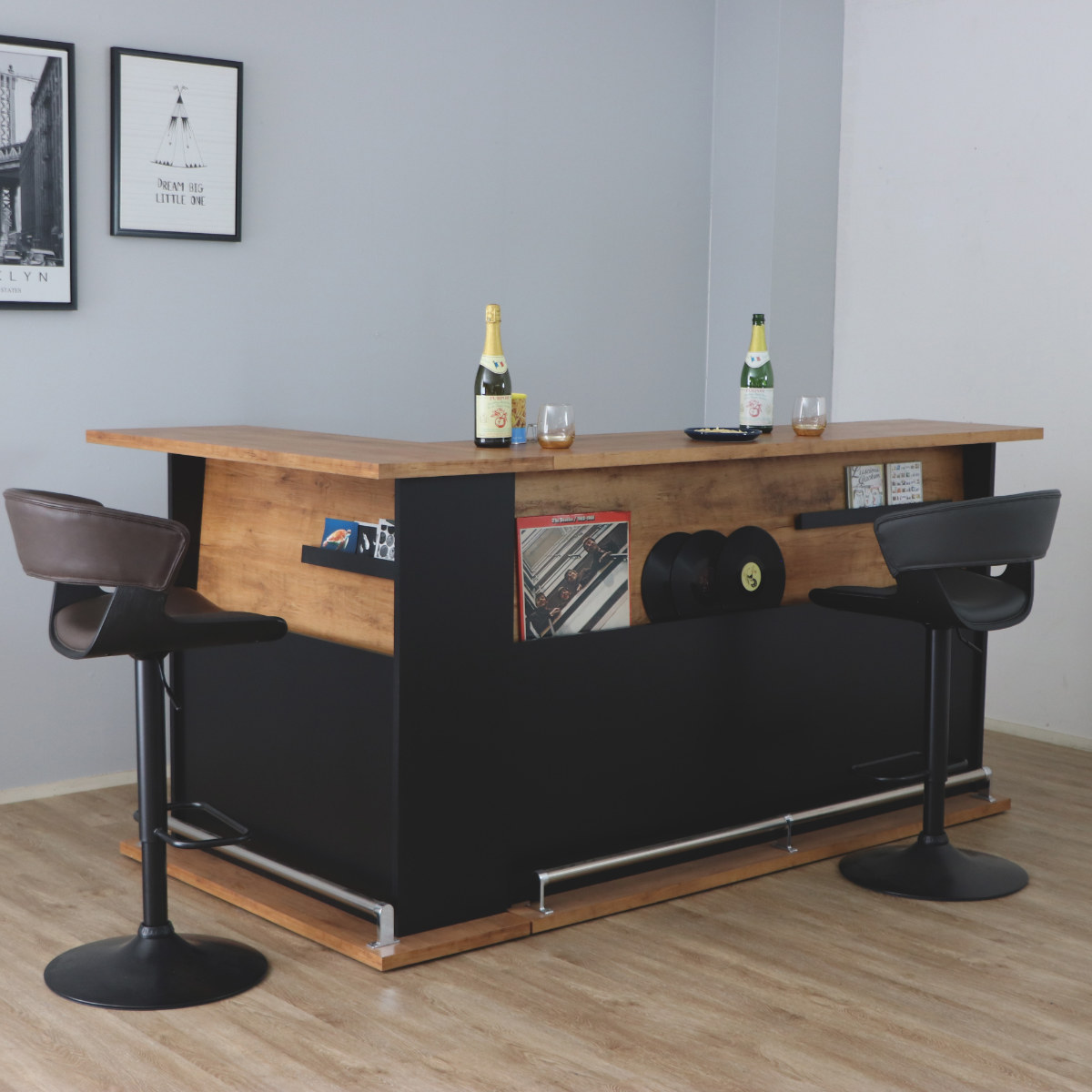 dショッピング |カウンターテーブル 大容量収納 足置き付き 木目調 高