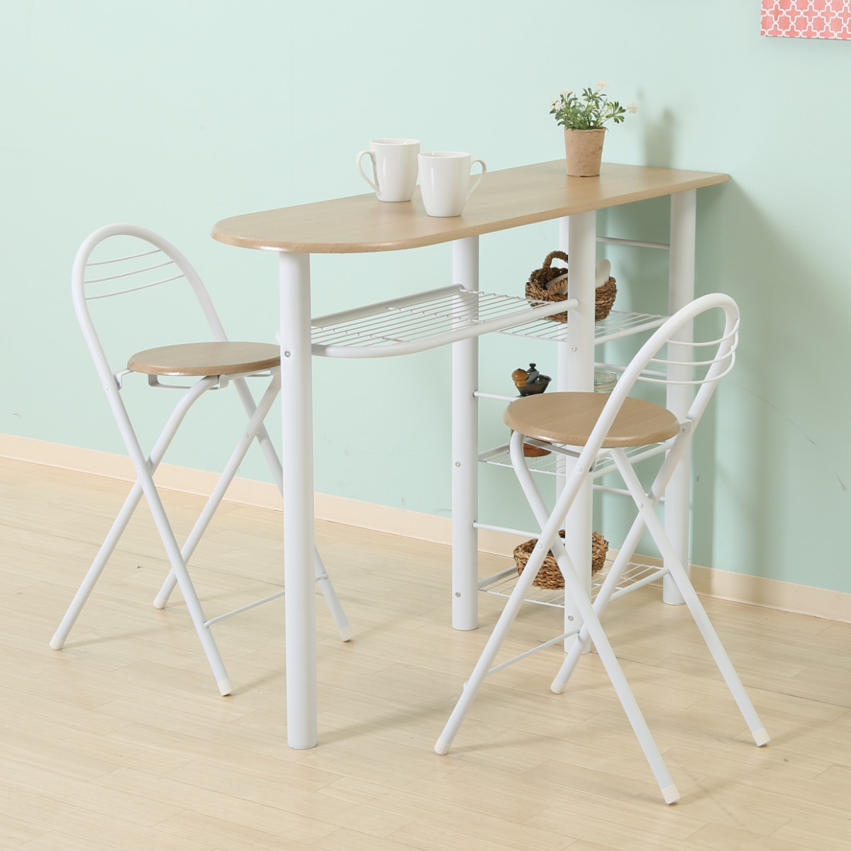 カウンターテーブル 3点セット 棚付 テーブル×1 チェア×2 （ キッチン
