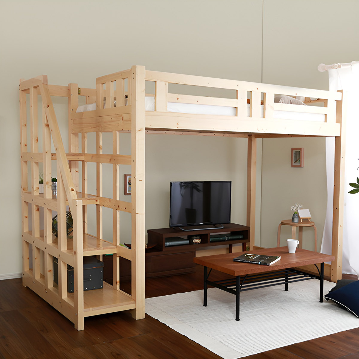 ロフトベッド シングル 宮棚 階段付き 天然木 （ 階段 システムベッド