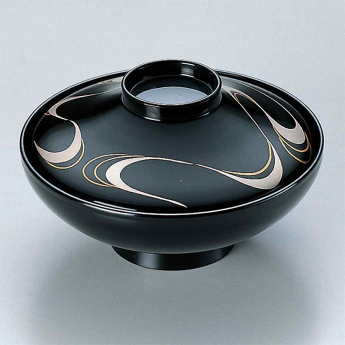 煮物椀 木製 平富士 黒銀流水 本漆塗 手書き 蒔絵 吸物椀 お椀 食器 漆