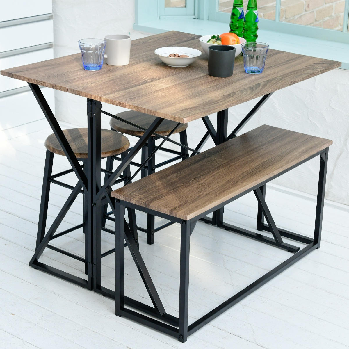 ダイニングセット 4人 ベンチ テーブル スツール2脚 2WAY （ 4点セット