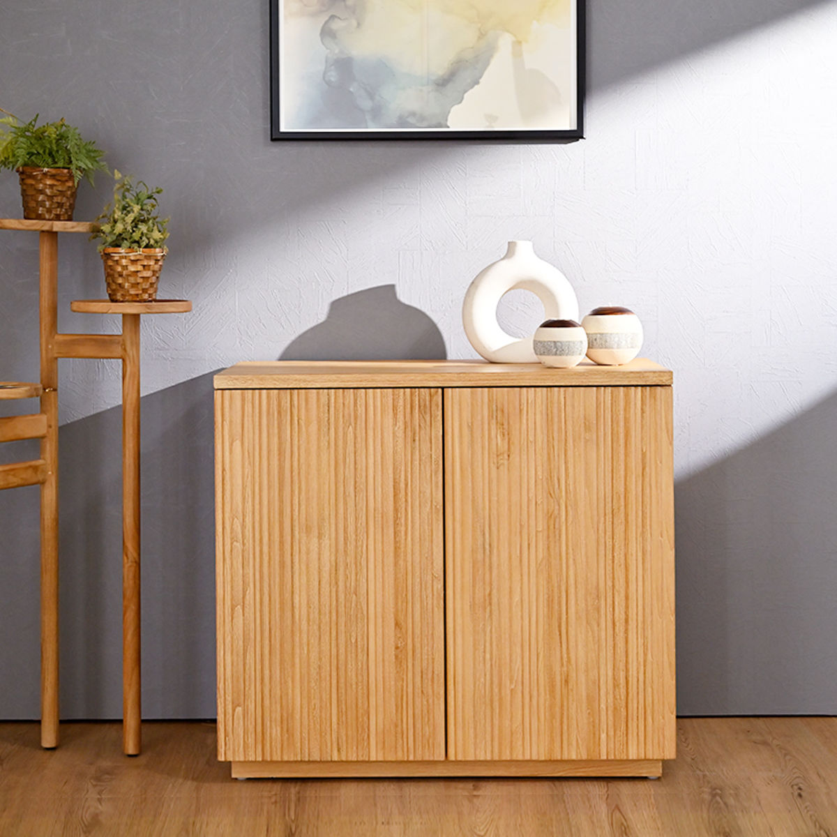 キャビネット 幅80cm リブ 可動棚 エイジング加工 （ リブキャビネット