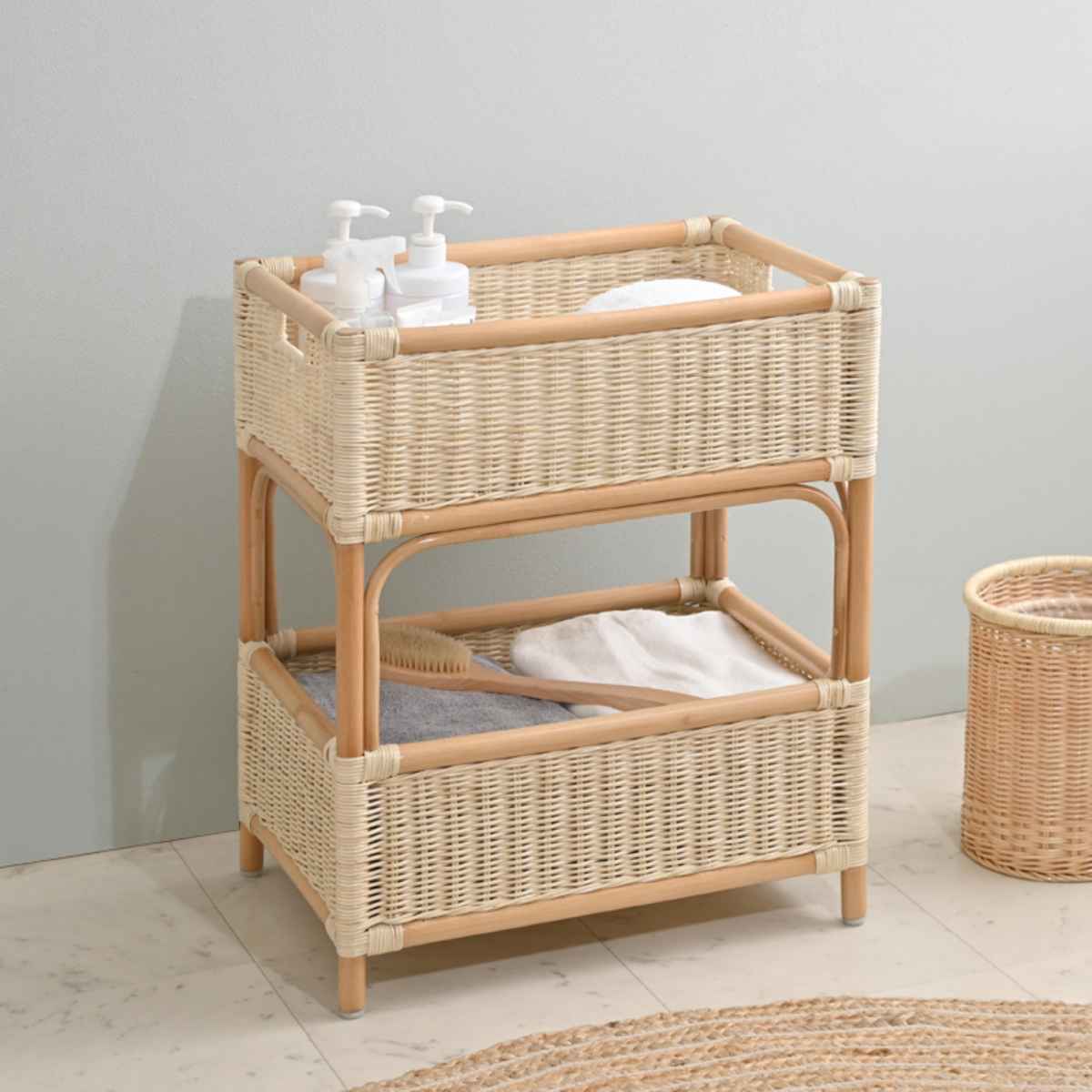 籐 ランドリーバスケット 高さ61cm 2段 ラッカー塗装 天然素材