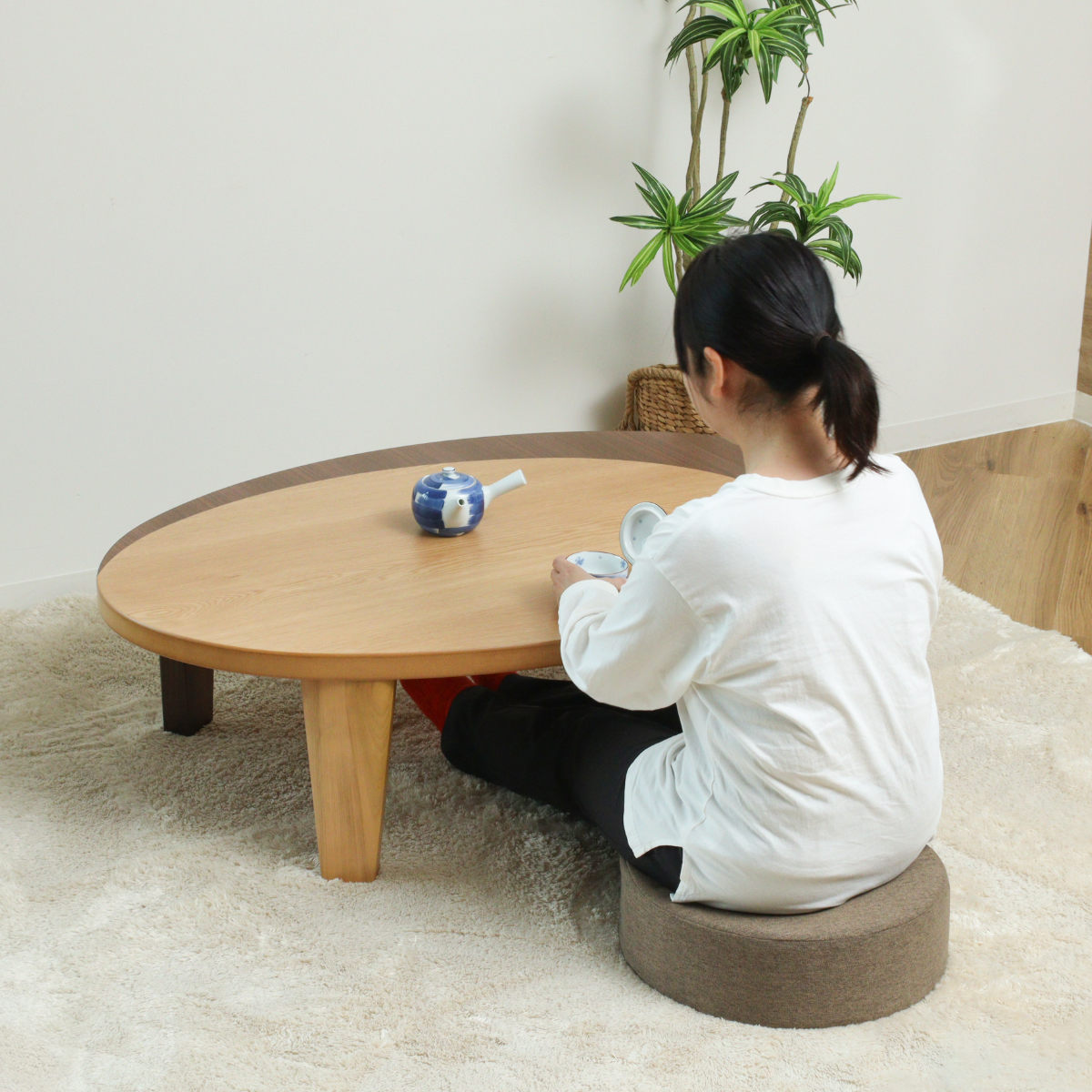 座卓 幅120cm オーバル型 折れ脚 クラン 木製 完成品 日本製