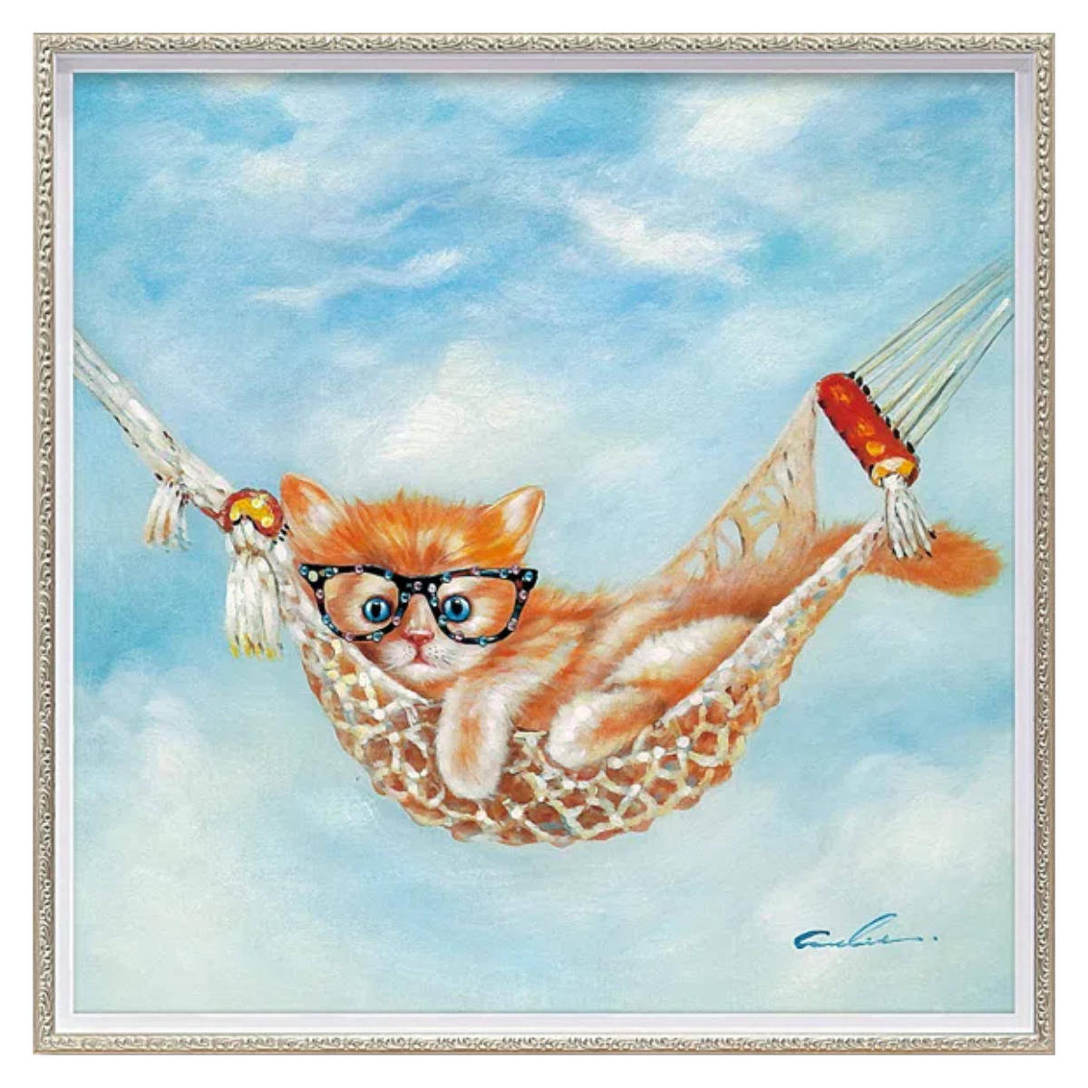 アートパネル オイルペイントアート 『ハンモック キャット』 63×63cm
