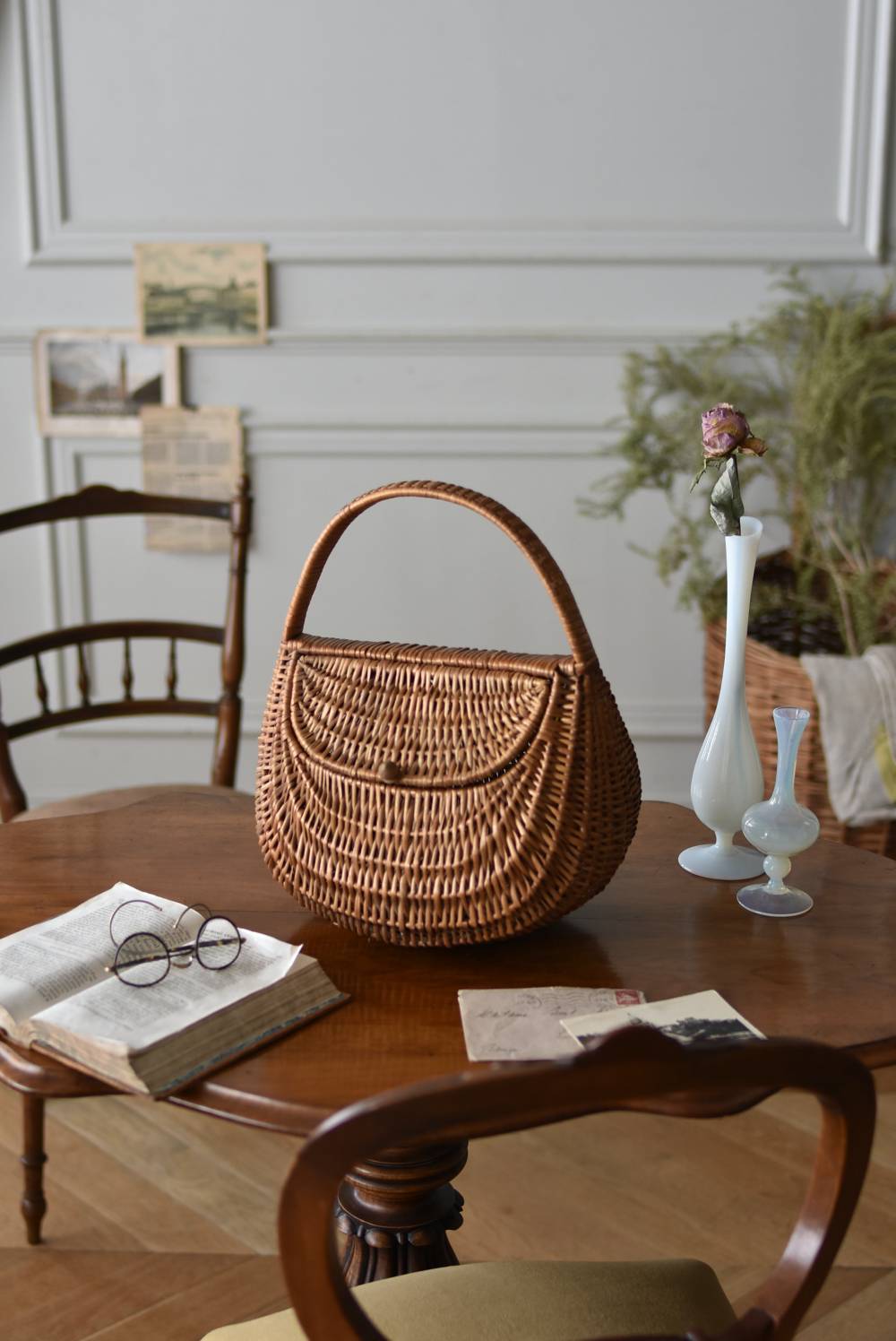 かごバッグ.蓋付き ヴィンテージ バスケット パニエ フランス