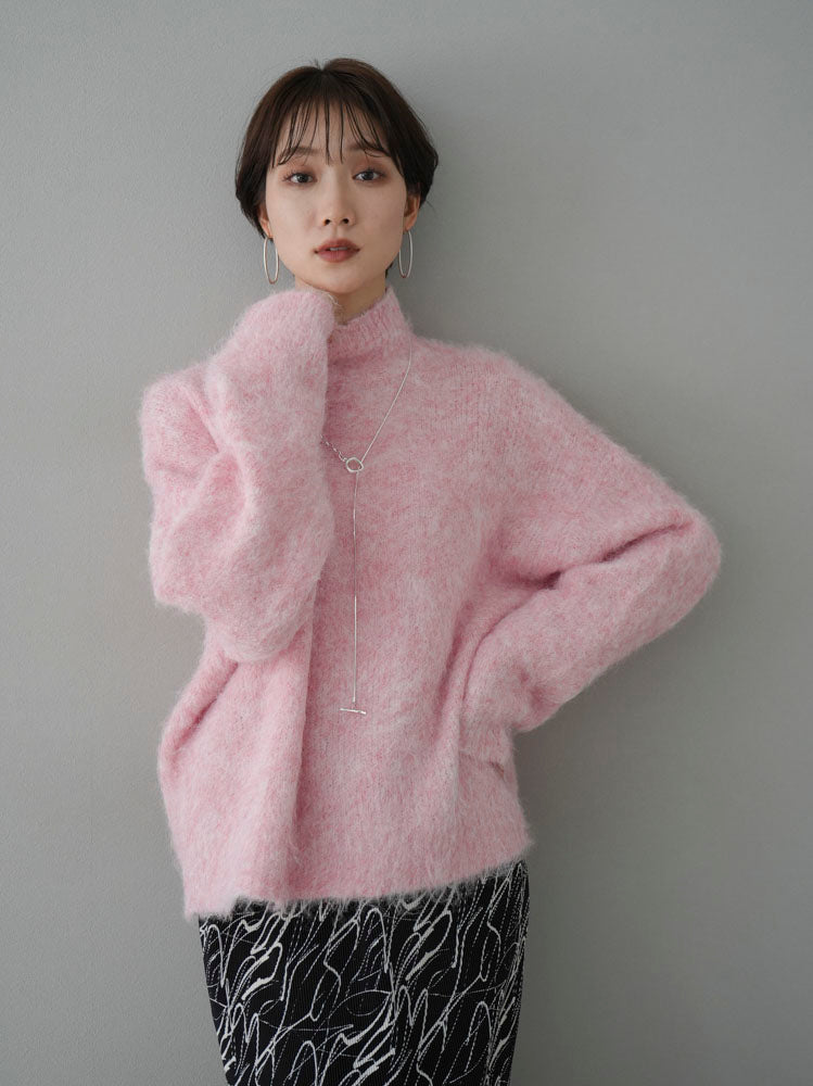 予約]ハイネックウール混モヘアタッチシャギーニットプルオーバー