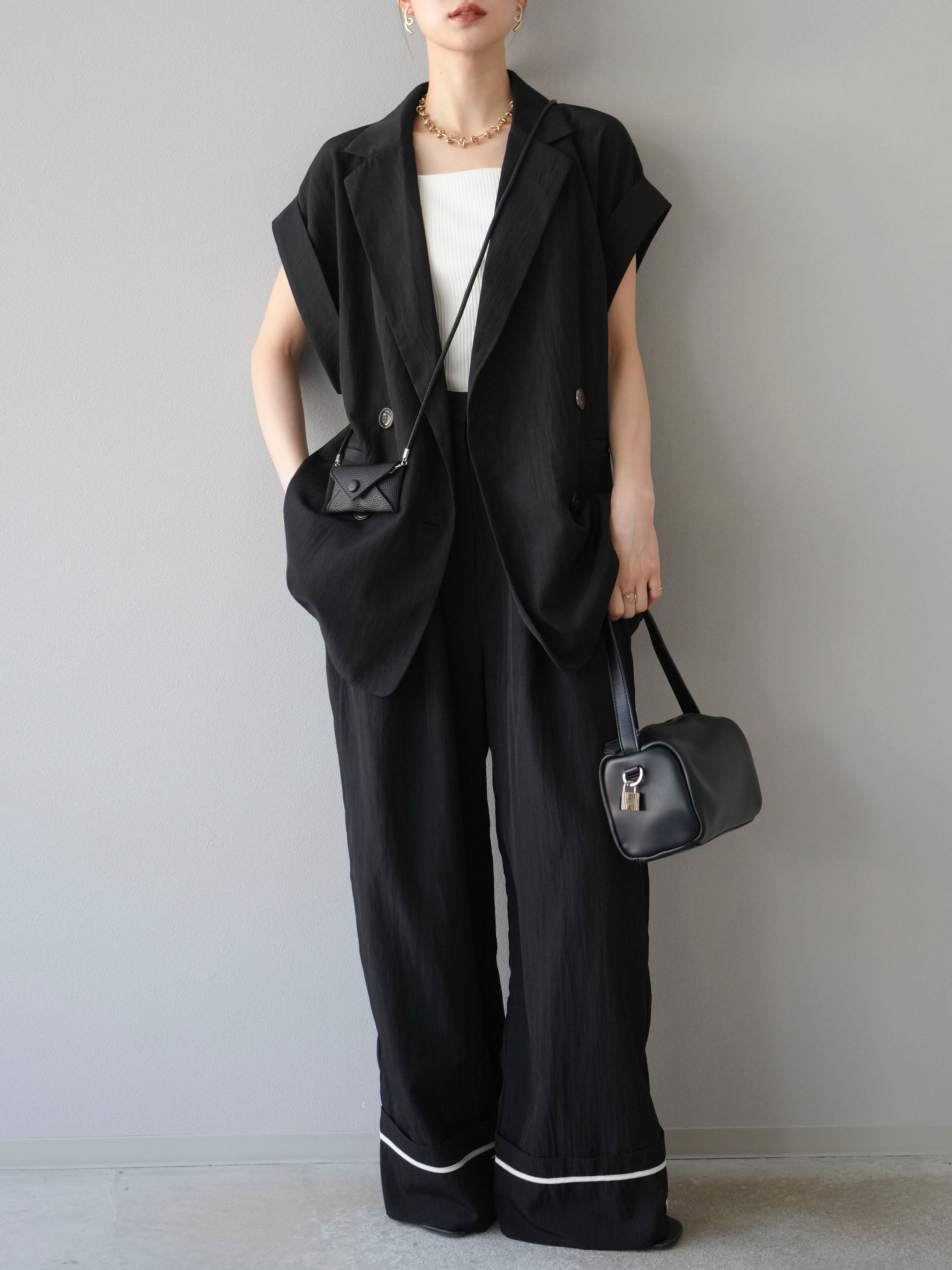 SET]リネンライクノースリーブダブルジレ+リネンライク裾リターン