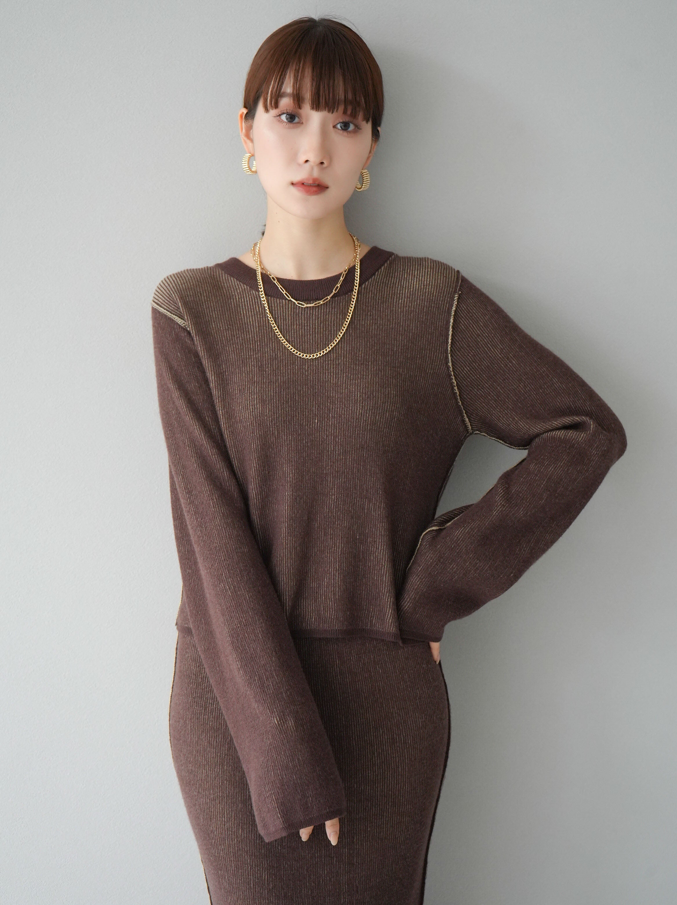 予約]リバーシブル配色リブニットプルオーバー/ブラウン – Lumier