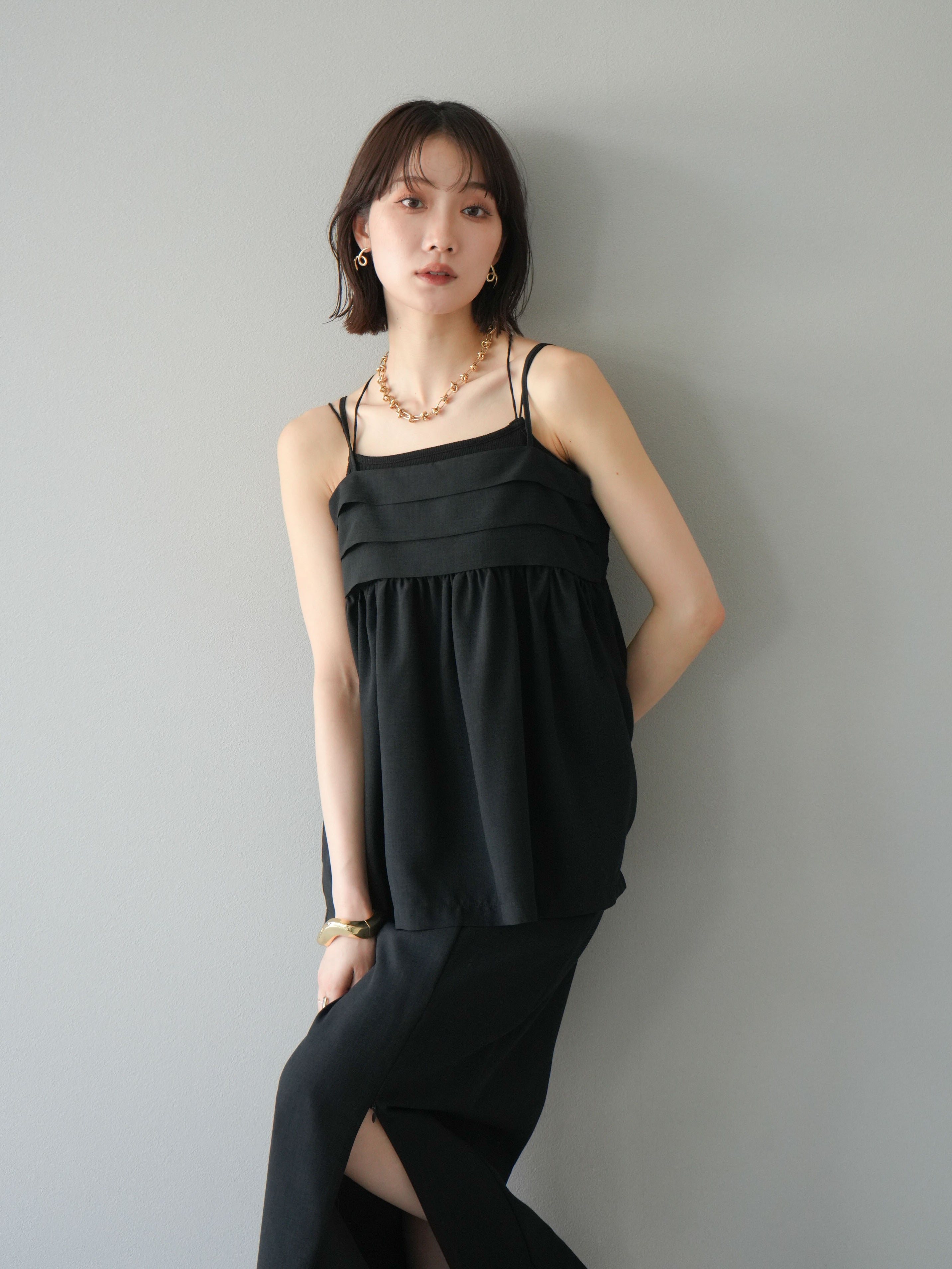 予約]リネンライクビスチェデザインキャミソール/ブラック – Lumier