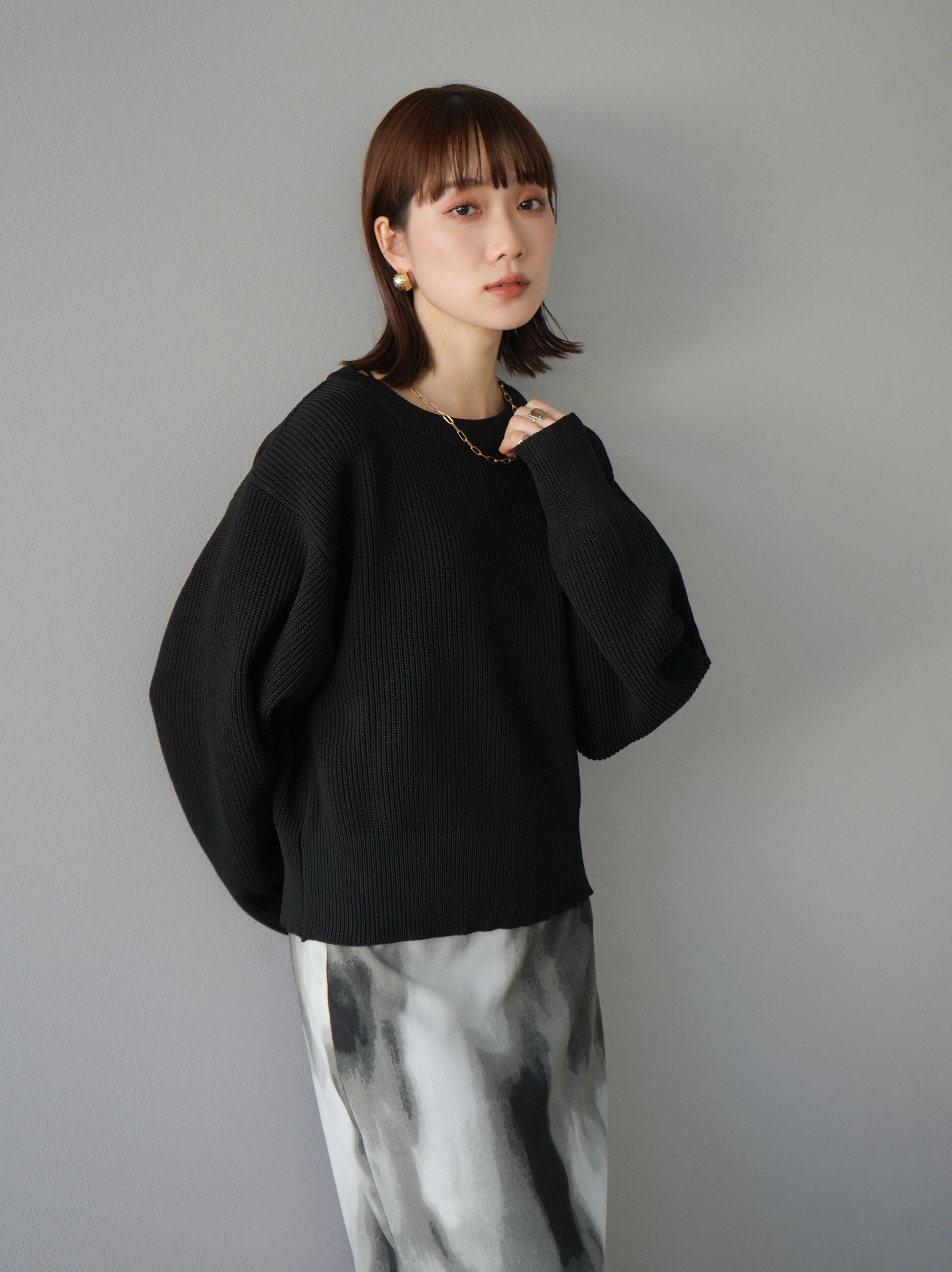予約]あぜ編みポリエステルニットプルオーバー/ブラック – Lumier