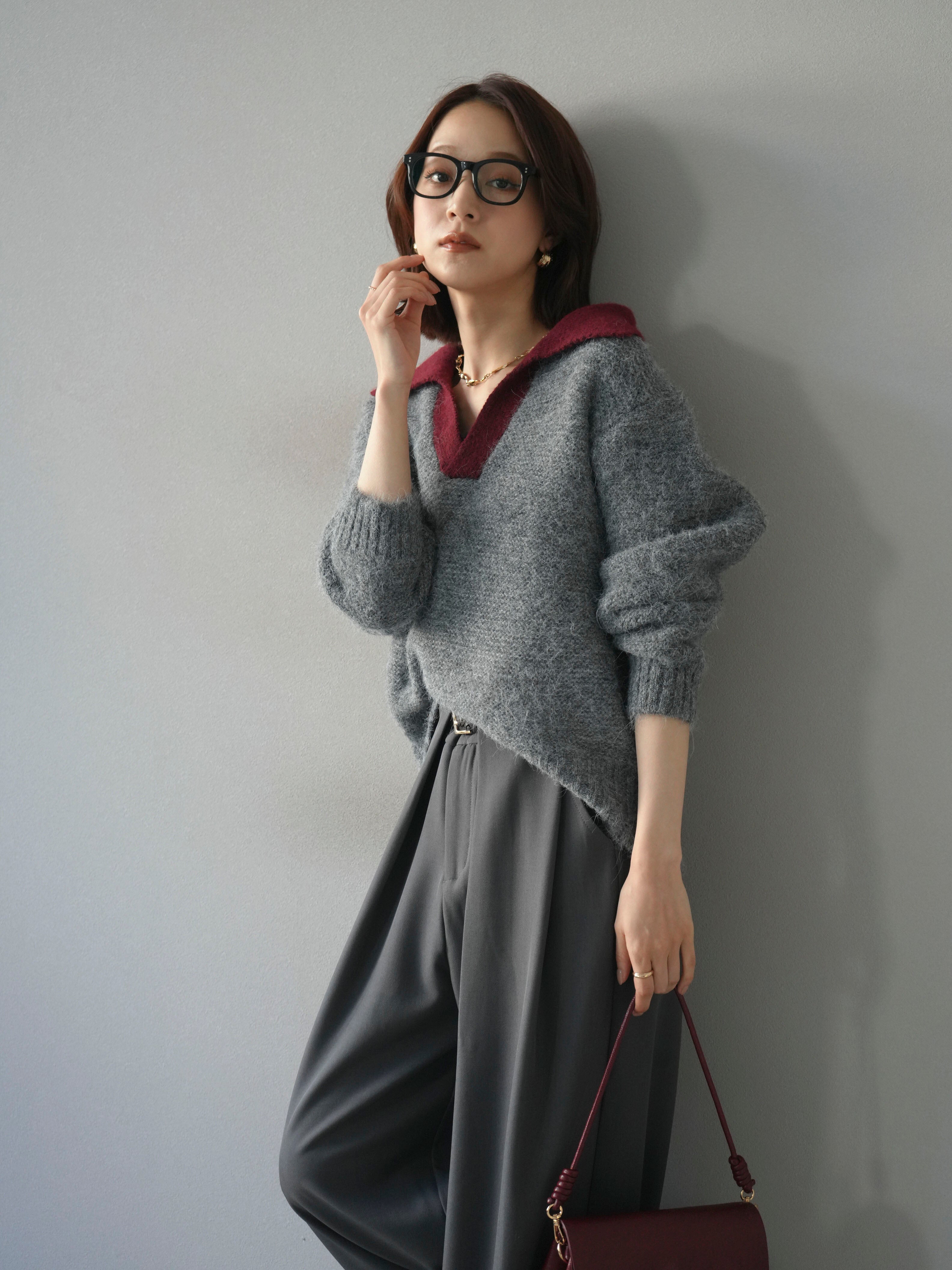 SET]バイカラー襟付きニットプルオーバー+ベルトループデザインワイド