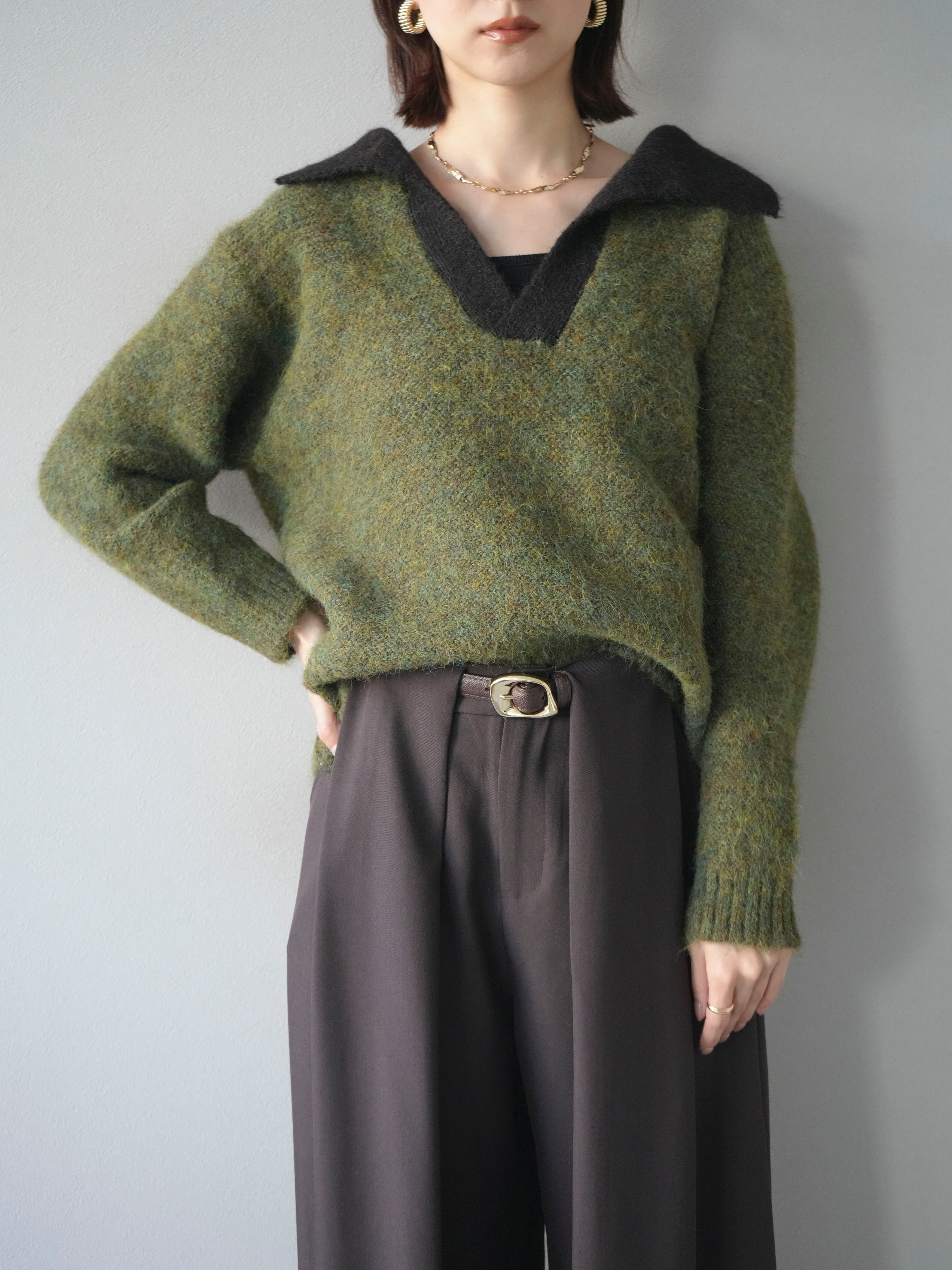 SET]バイカラー襟付きニットプルオーバー+ベルトループデザインワイド