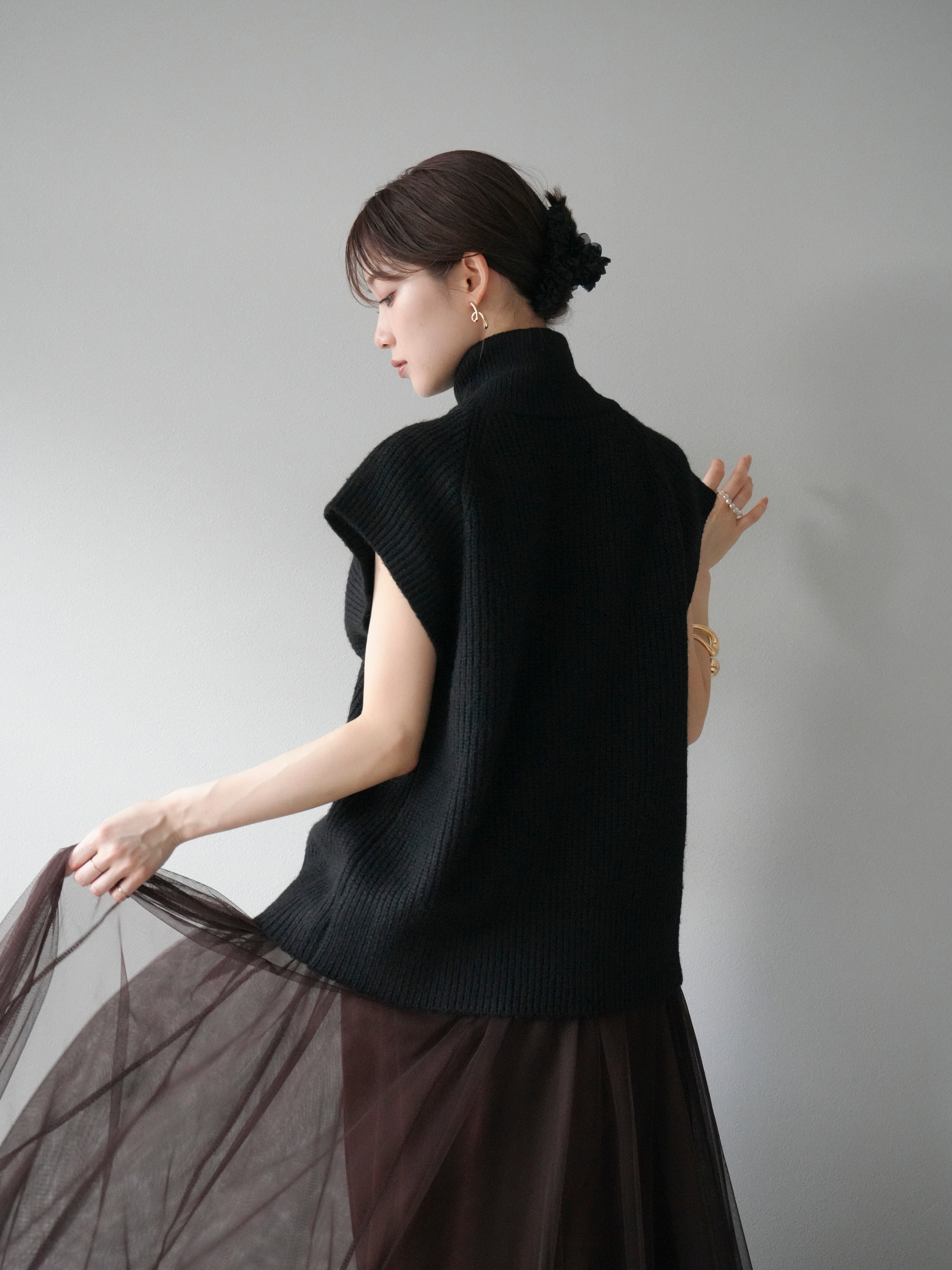 予約]ダブルZIPハイネック畦編みニットベスト/ブラック– Lumier