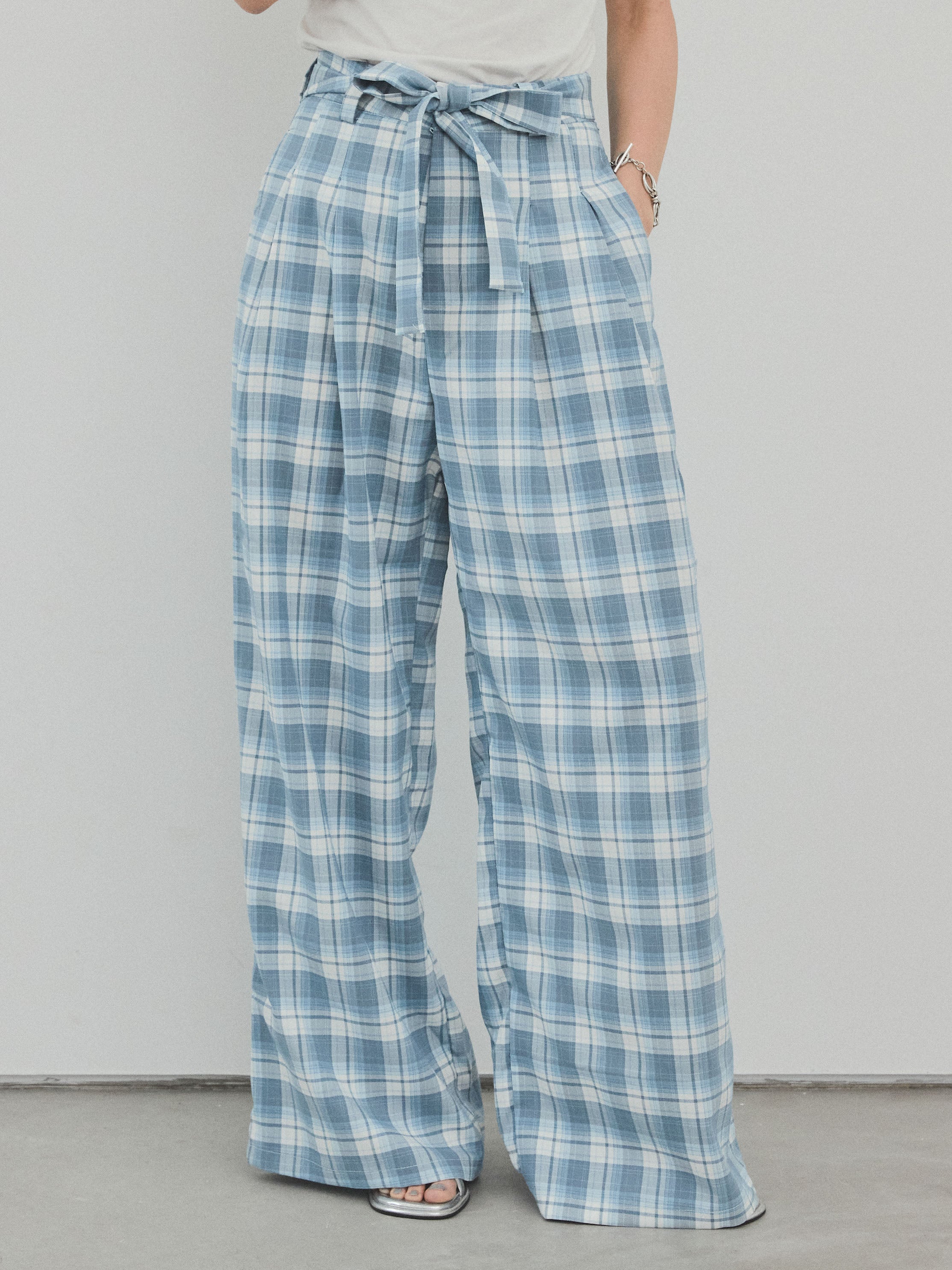 予約]チェック柄ワイドパンツ/ブルー – Lumier