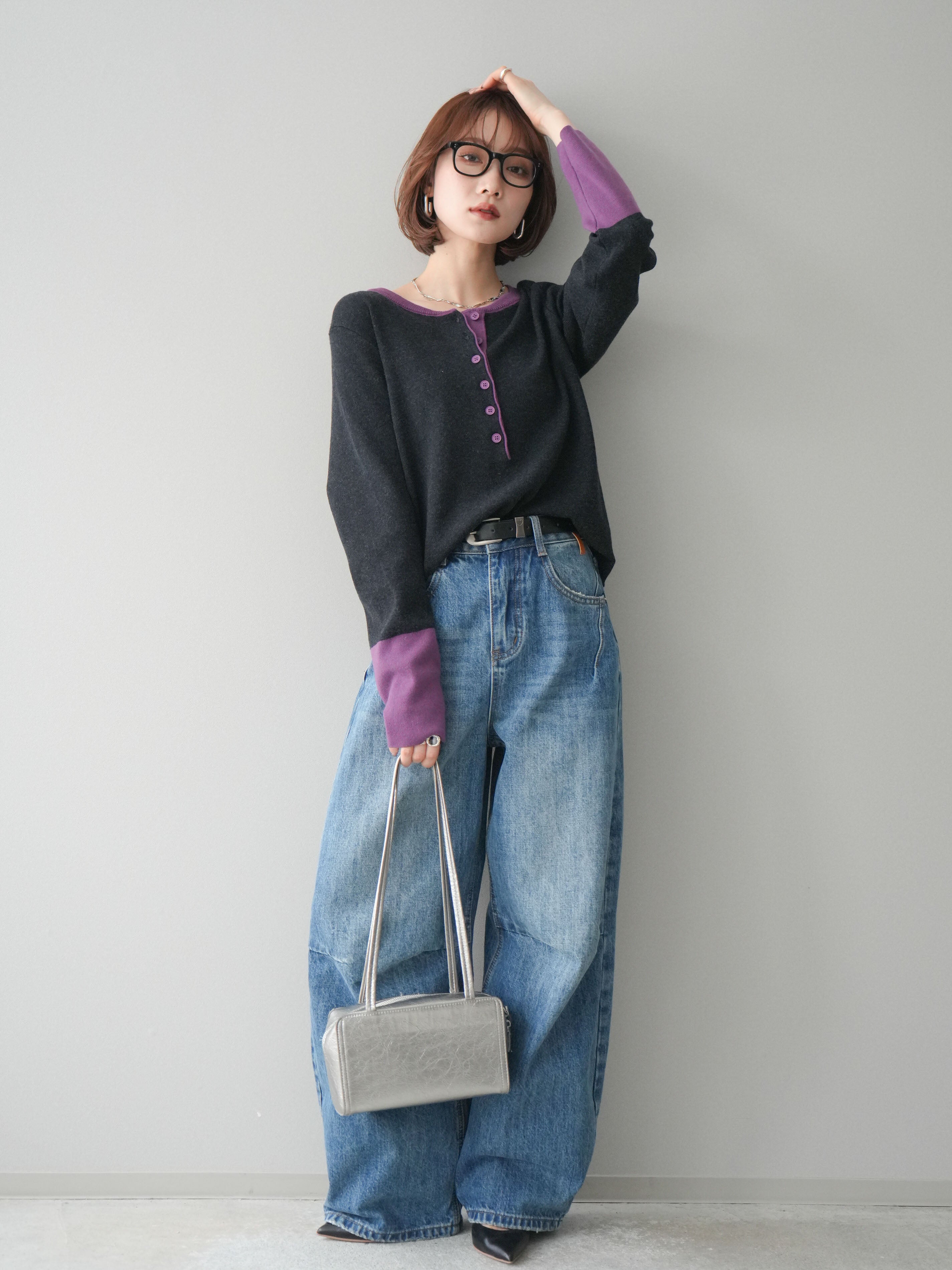 SET]ヘンリーネック配色ニットソー+ベルト付3Dカーブワイドデニム