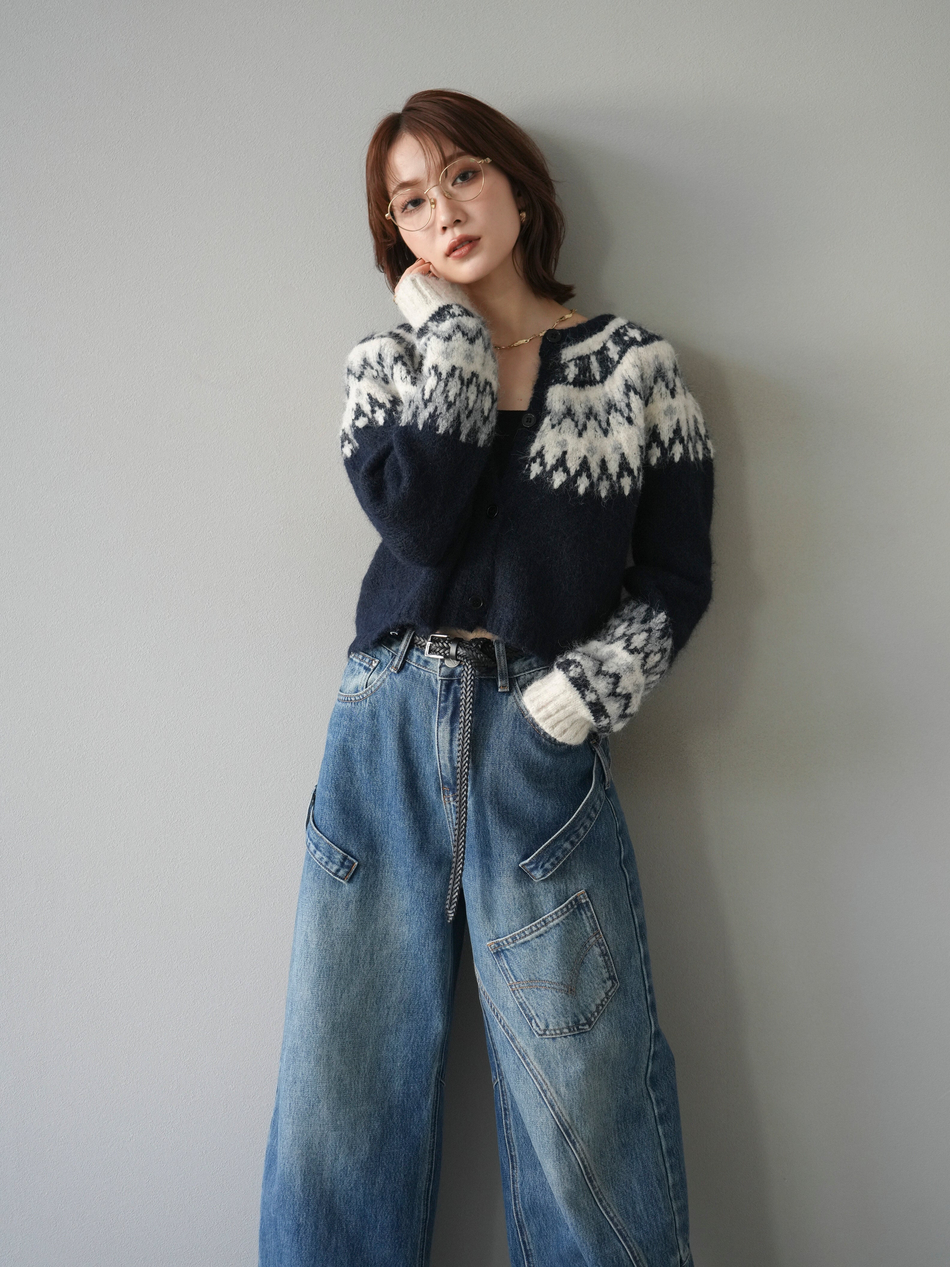 SET]求心柄クロップドニットカーディガン+ペインターカーブデニム