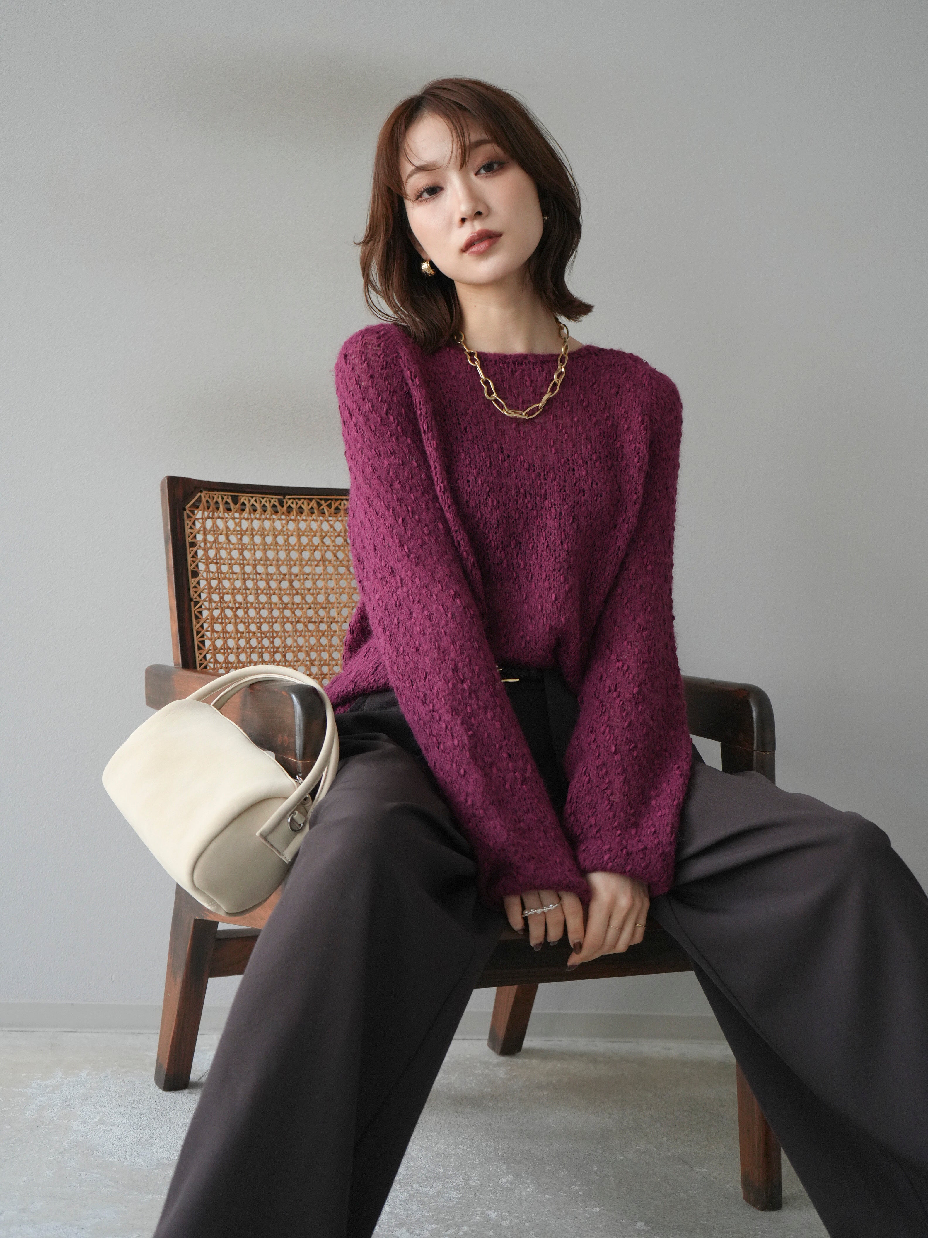 SET]異素材ミックスヤーンニットプルオーバー+ベルトループデザイン