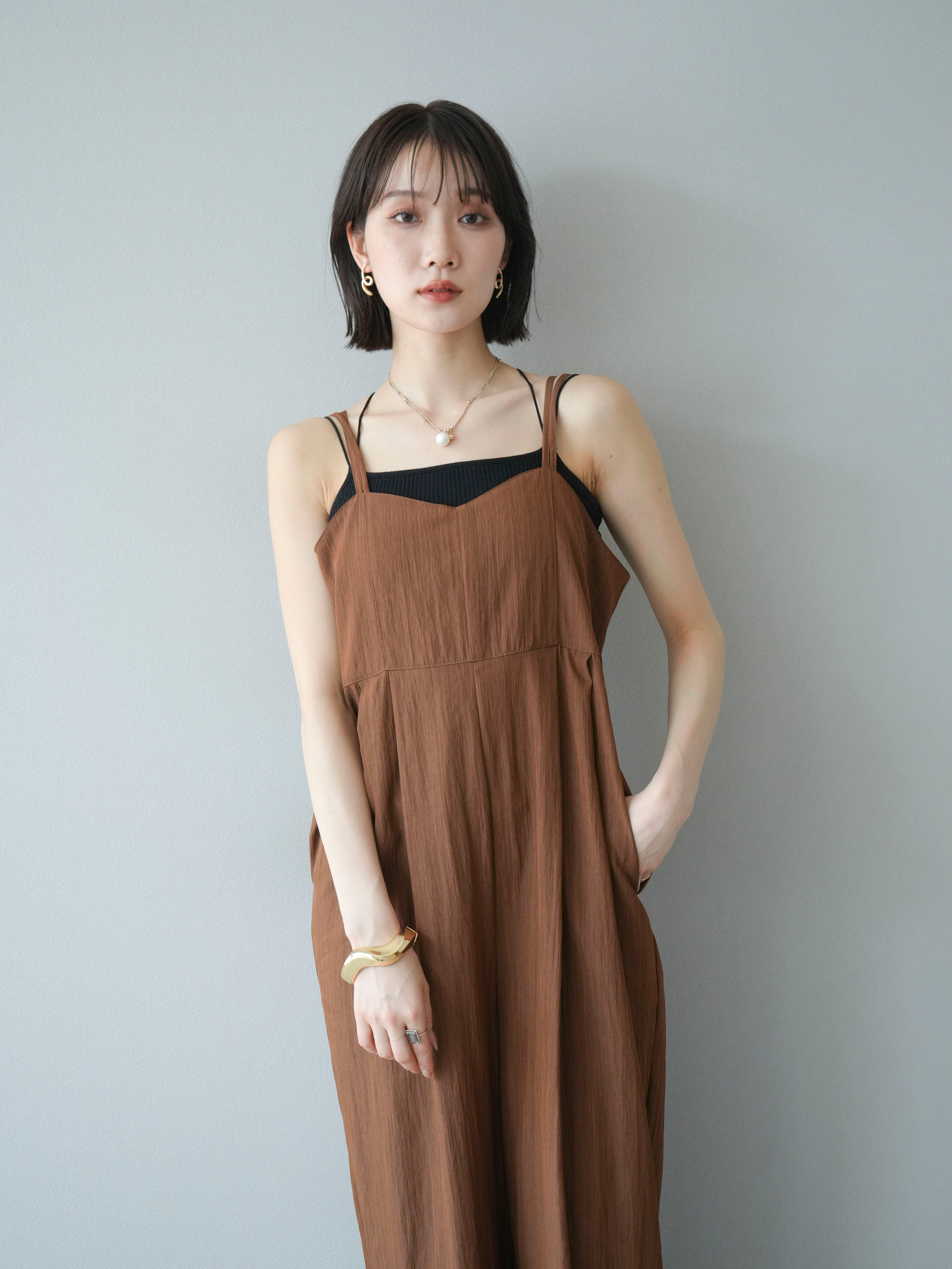SET]リネンライクビスチェデザインサロペット+ダブルストラップカット