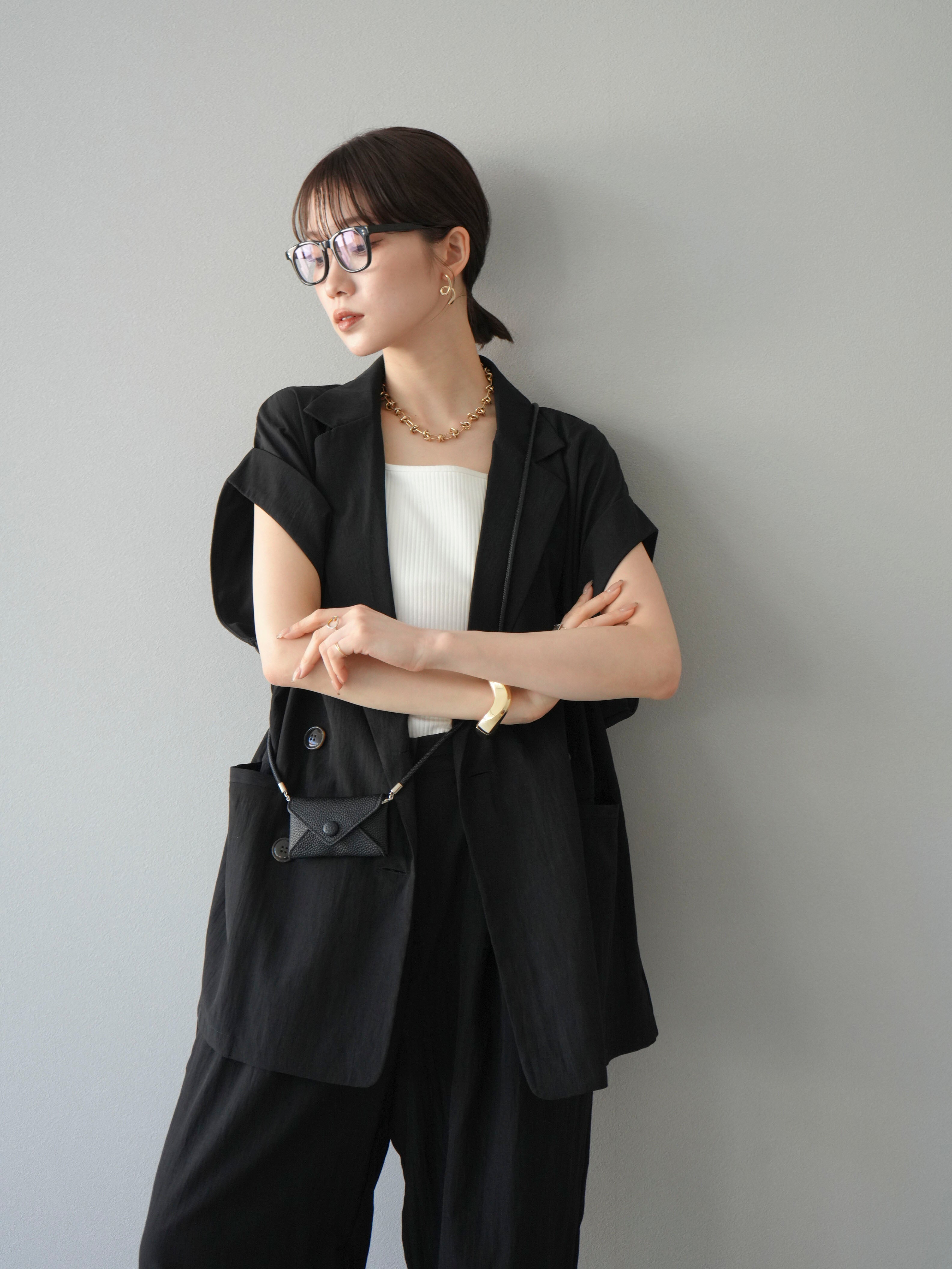 SET]リネンライクノースリーブダブルジレ+リネンライク裾リターン