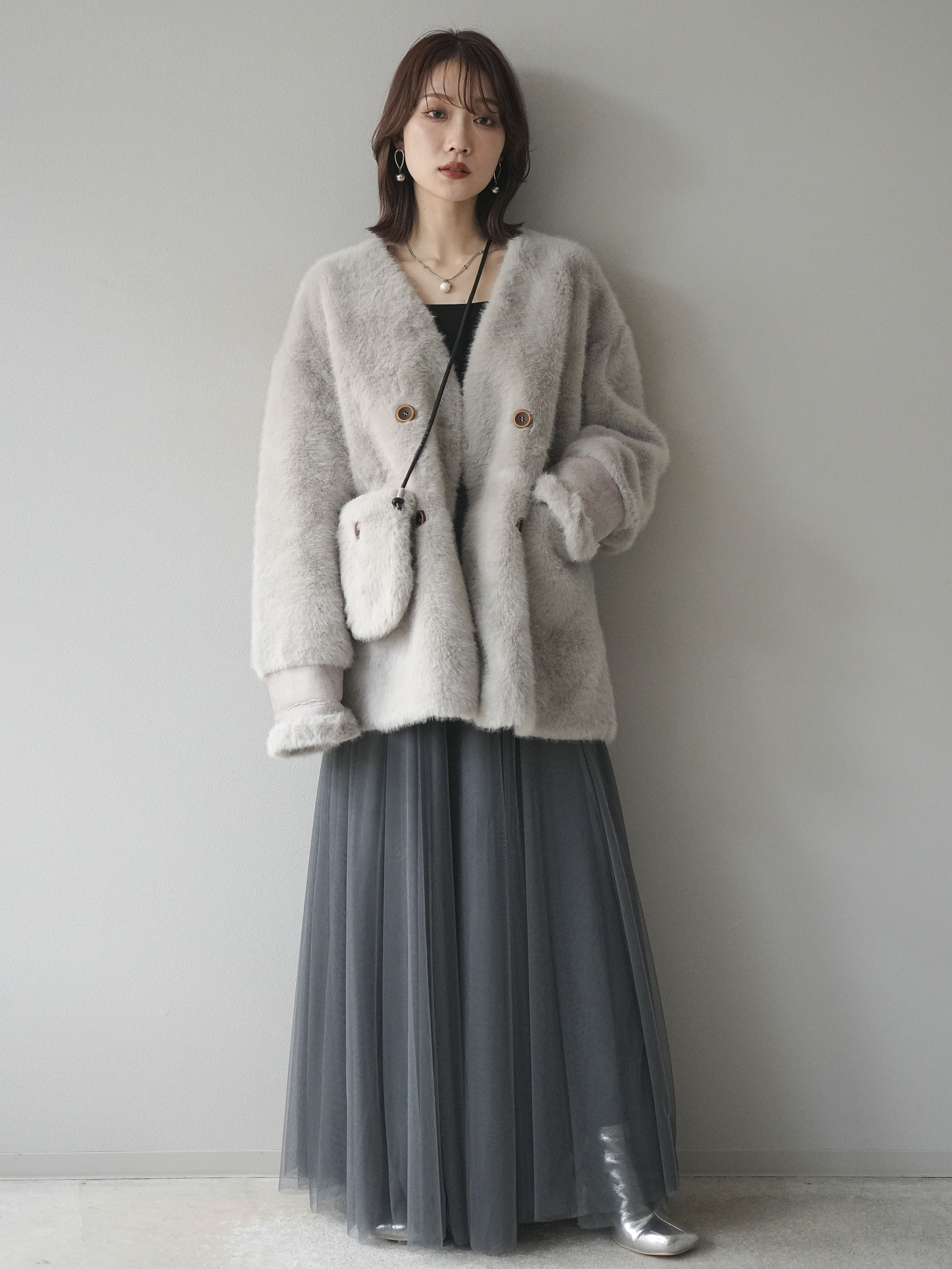 SET]バッグ付エコファーノーカラーコート+チュールボリュームスカート