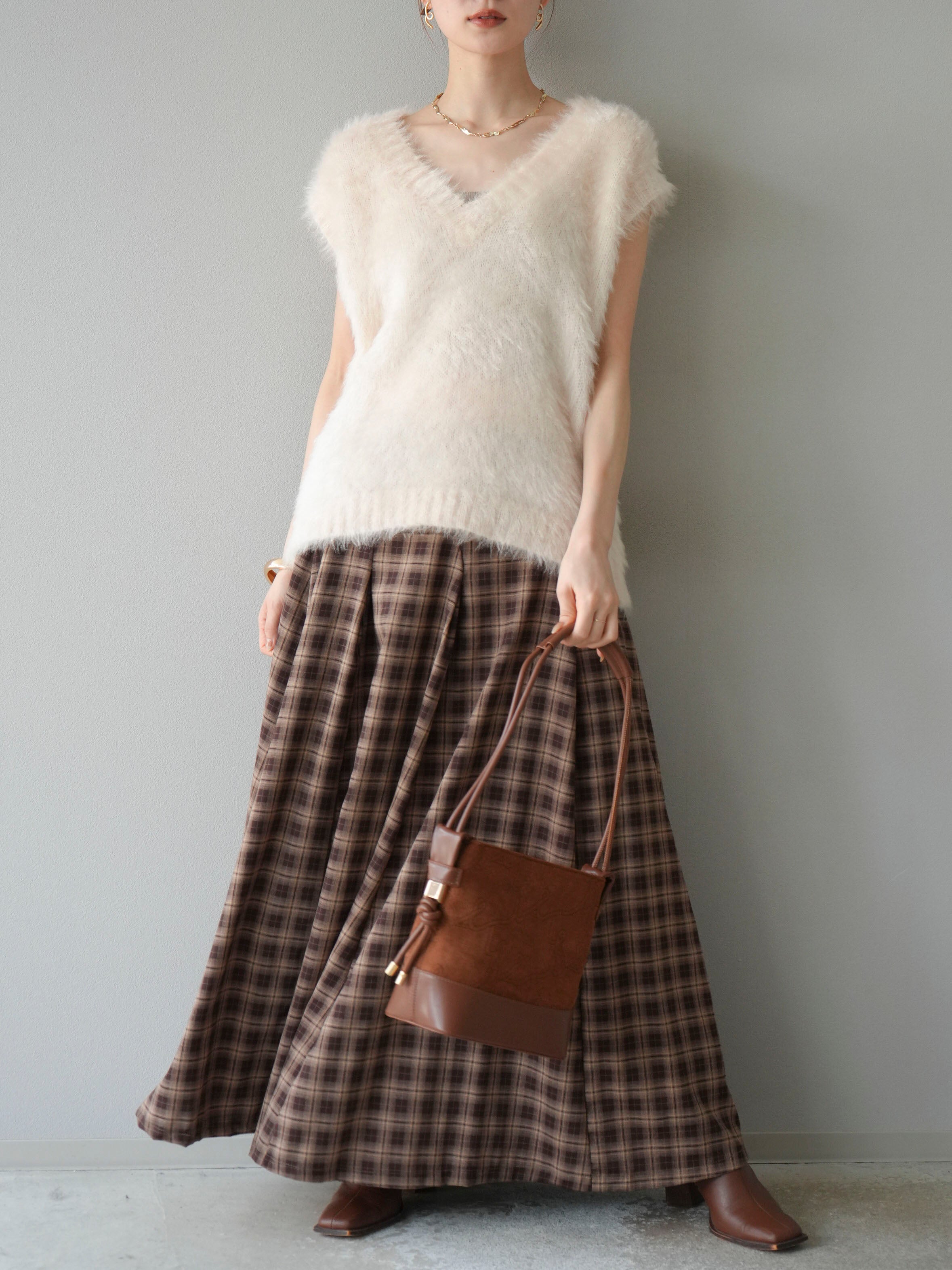 予約]チェックタックフレアロングスカート/ ブラウン – Lumier