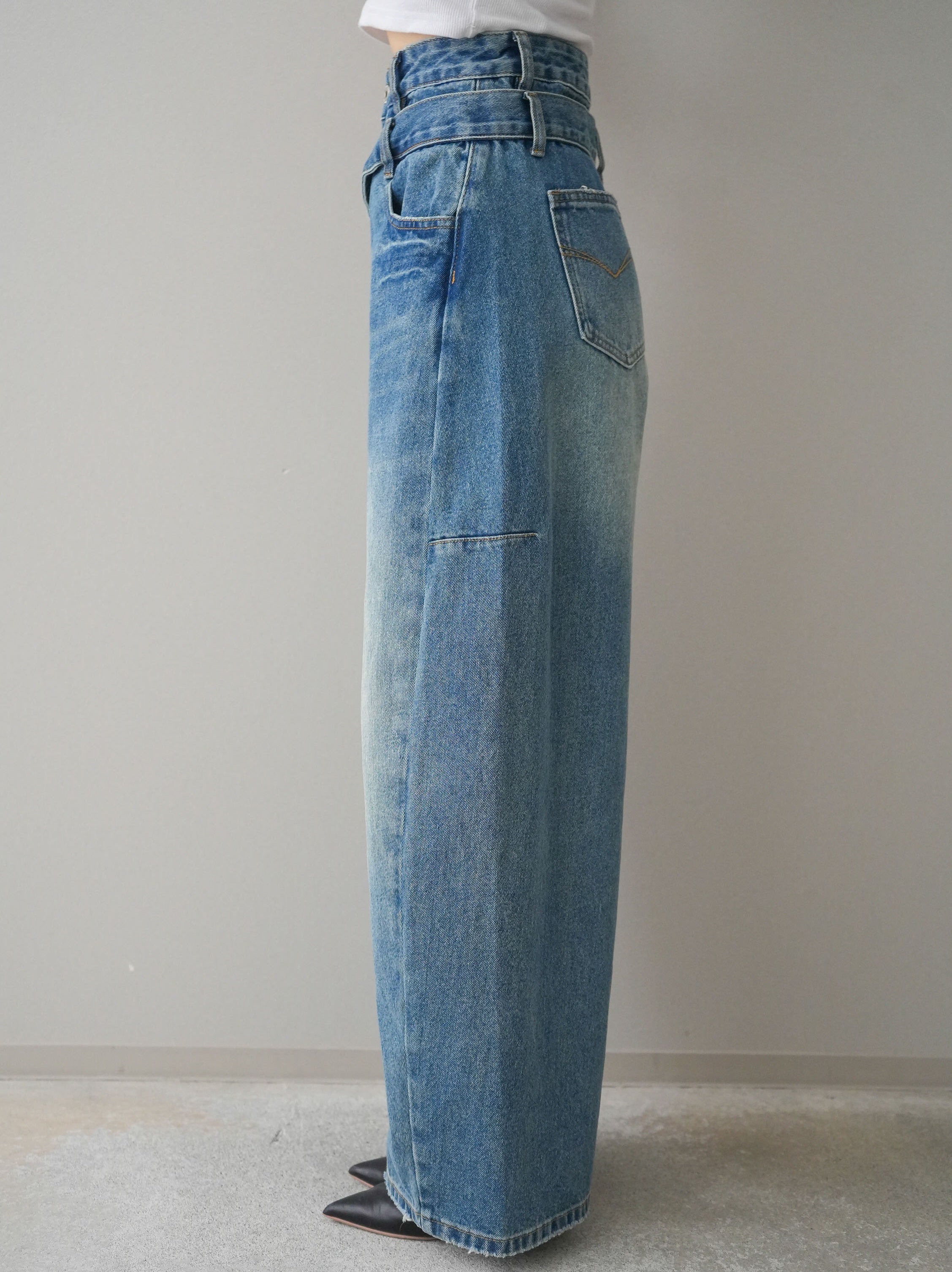 予約]アシメデザインワイドデニムパンツ/blue – Lumier