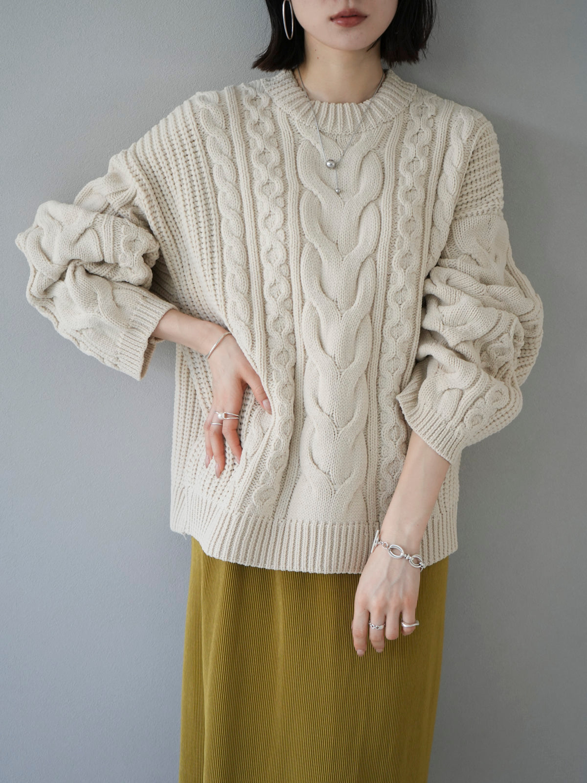 予約]ミックスケーブルポリエステルニットプルオーバー/アイボリー