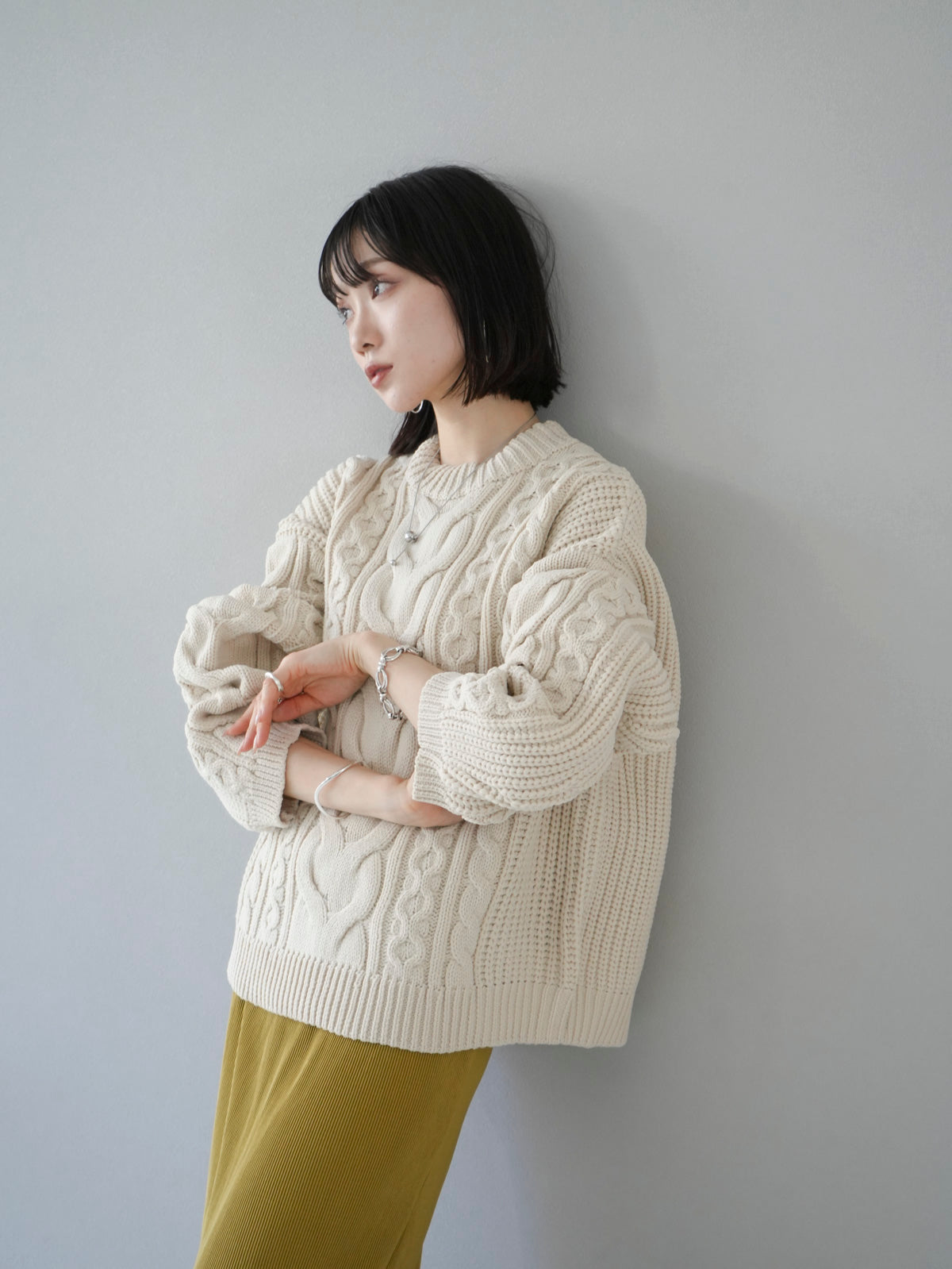 予約]ミックスケーブルポリエステルニットプルオーバー/アイボリー