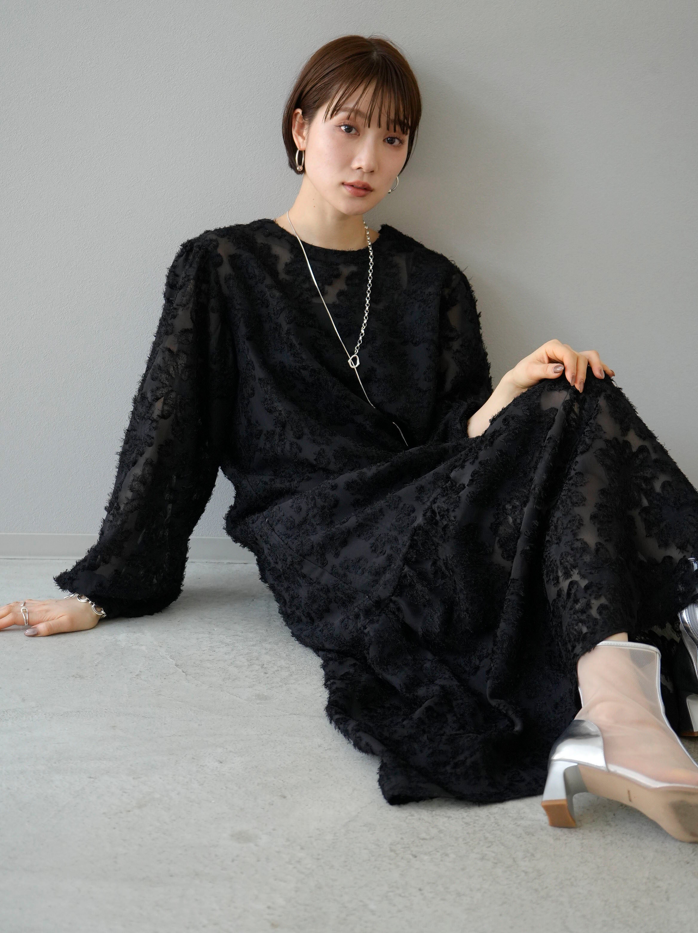 フラワーシアージャガードワンピース/ブラック – Lumier