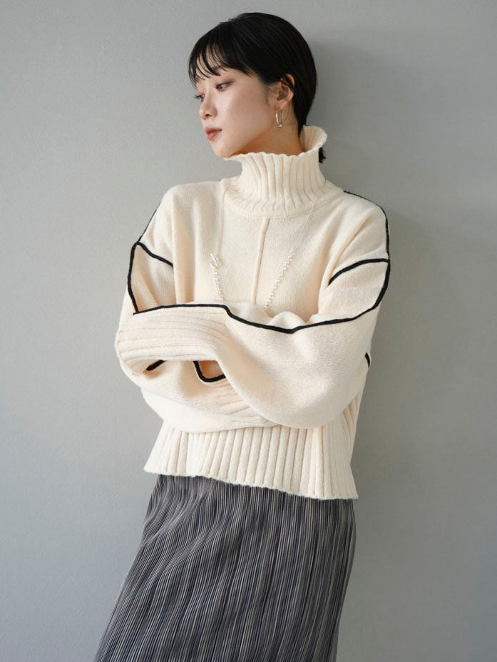 予約]バイカラーラインハイネックニットプルオーバー/アイボリー – Lumier