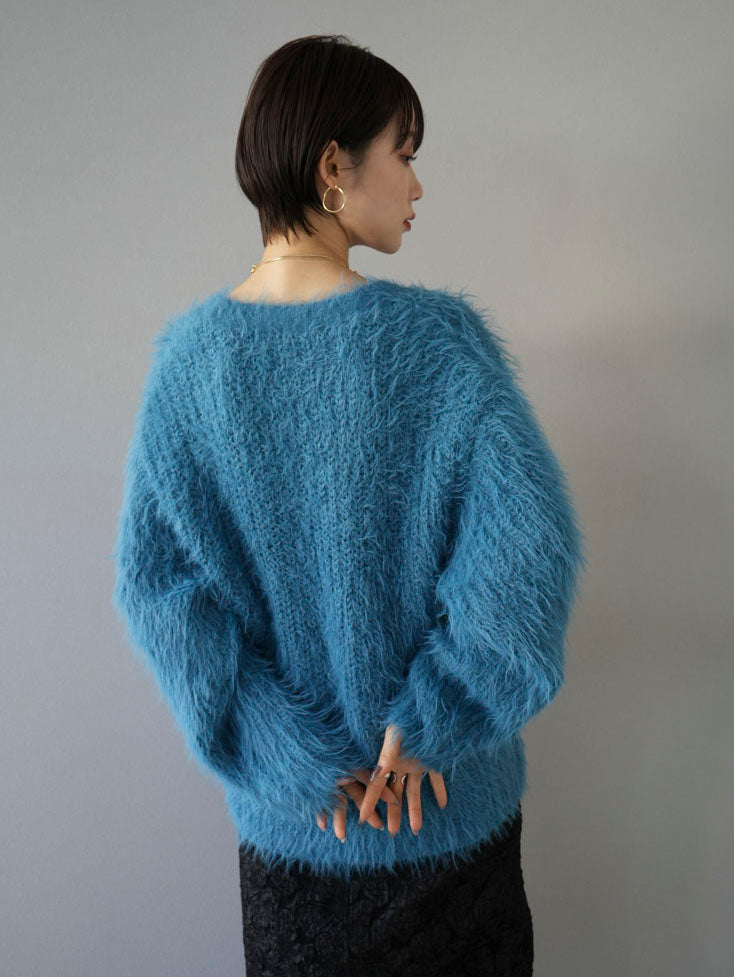 予約]シャギーニットVネックカーディガン/ブルー – Lumier