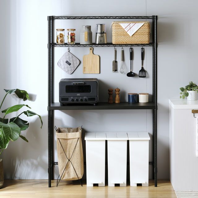 キッチンラック 幅110cm 3段 ルミナスノワール スチールラック 幅111