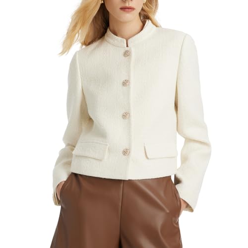 GOELIA White Tweed Blazer Jackets for Women Stand Collar Short