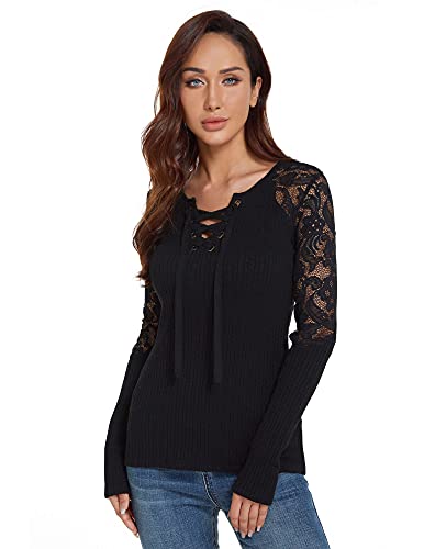 AmélieBoutik Women Floral Lace Inset Lace Up Ribbed Long Sleeve